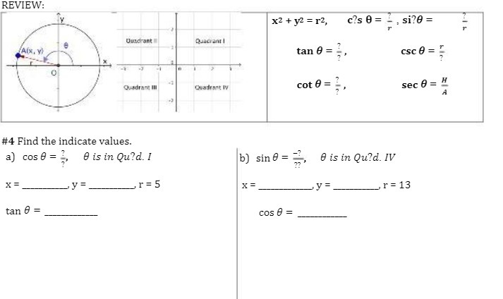 REVIEW: x2 + V2 = r2, c?s 0 = _ ; si?0 = Quarant