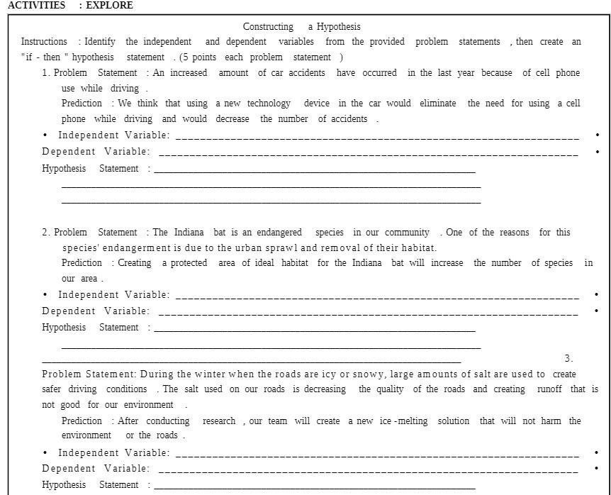 ACTIVITIES : EXPLORE Constructing a Hypothesis