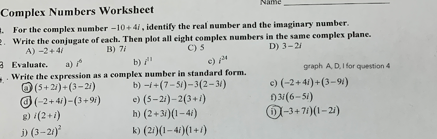 Complex Numbers Worksheet Name For the complex