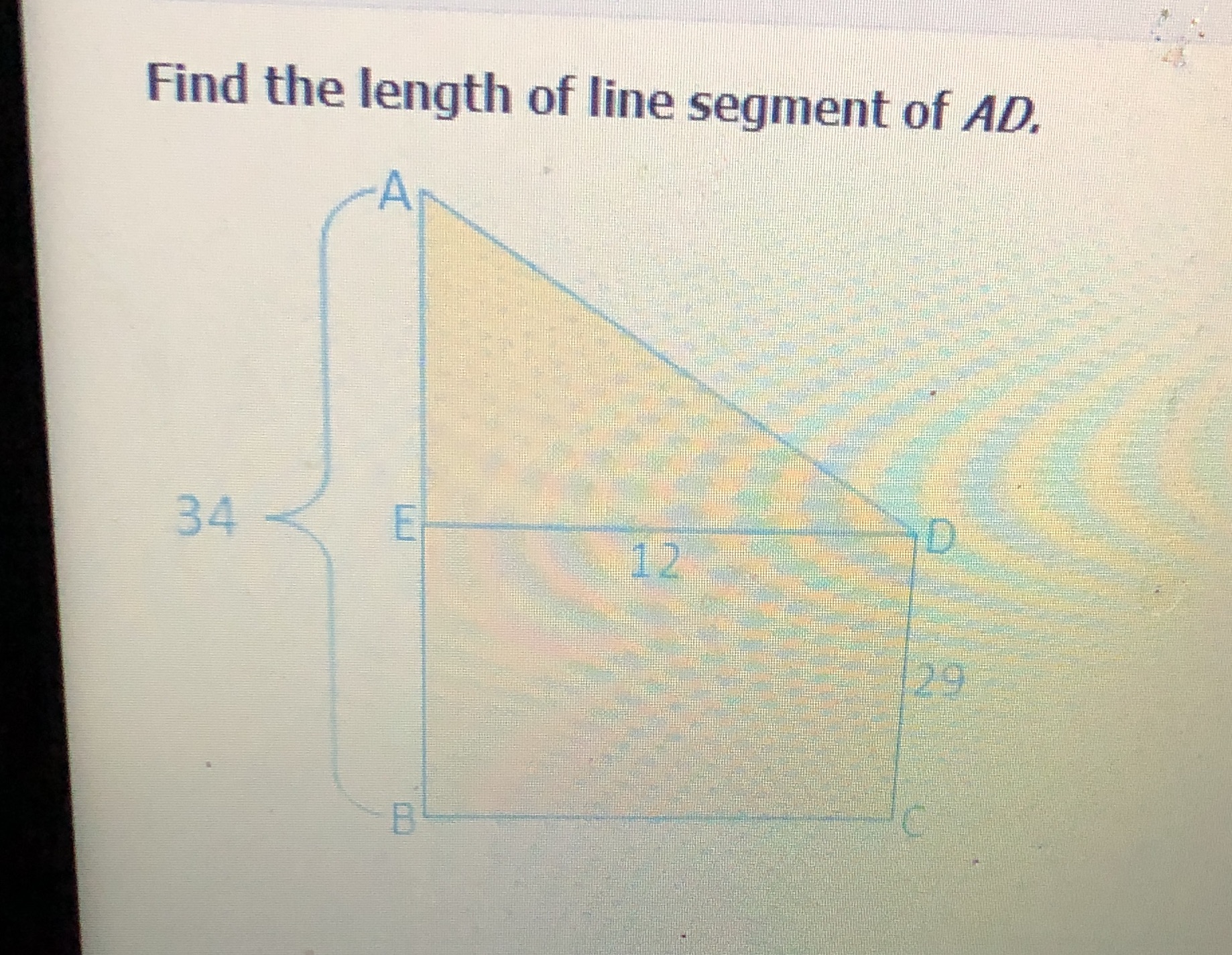 Find the length of line segment of AD. A 34 E D