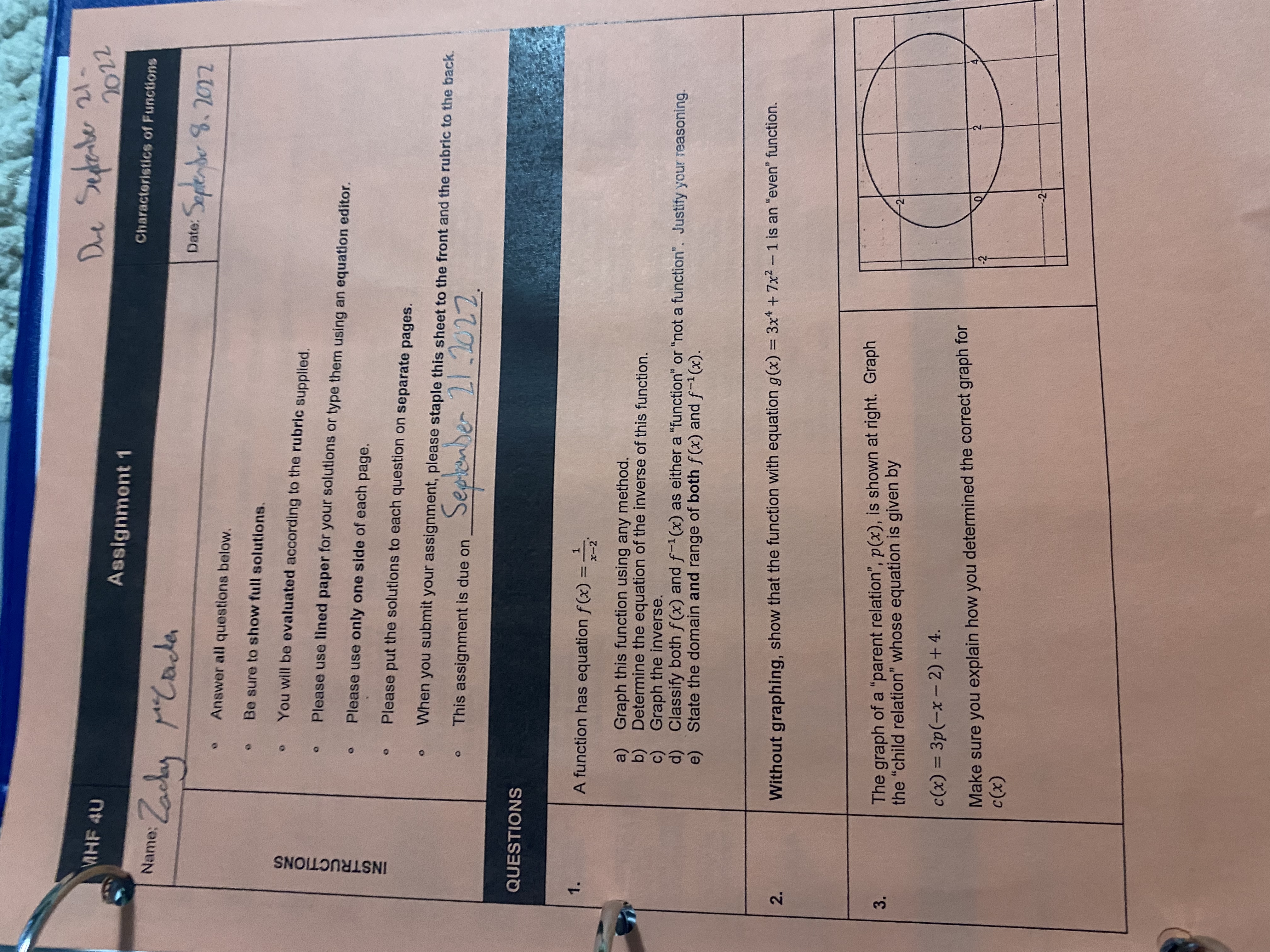 Due September 21 - MHF 4U 2022 Assignment 1