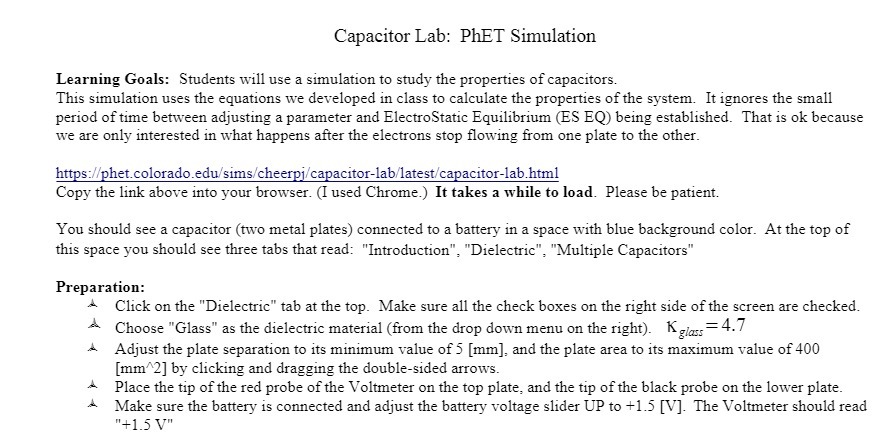 Capacitor Lab: PhET Simulation Learning Goals: