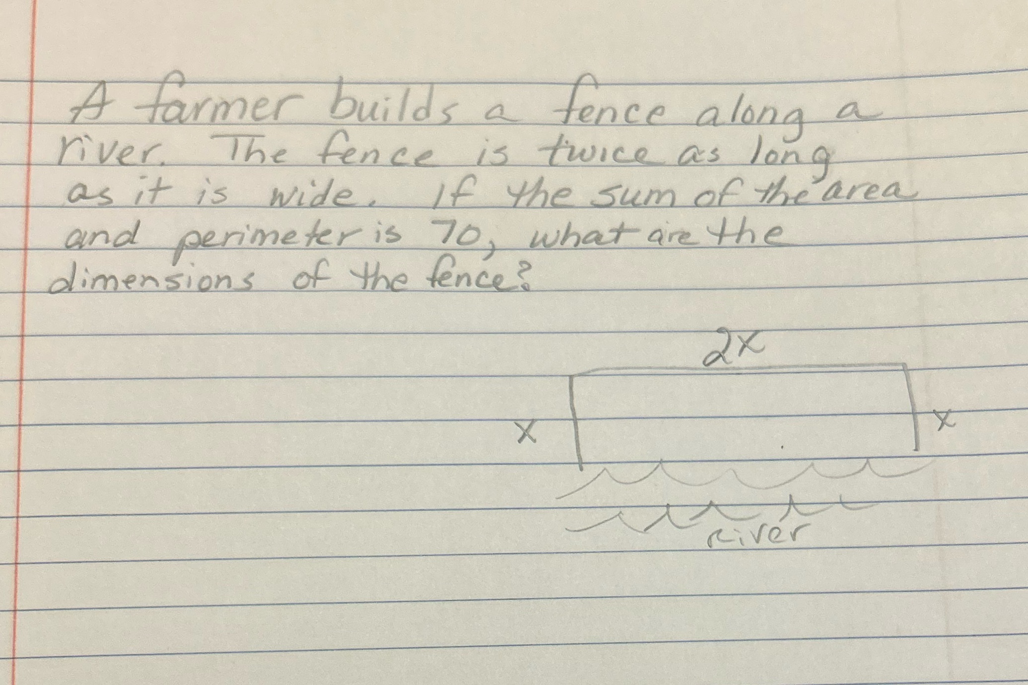 A farmer builds a fence along a river. The fence