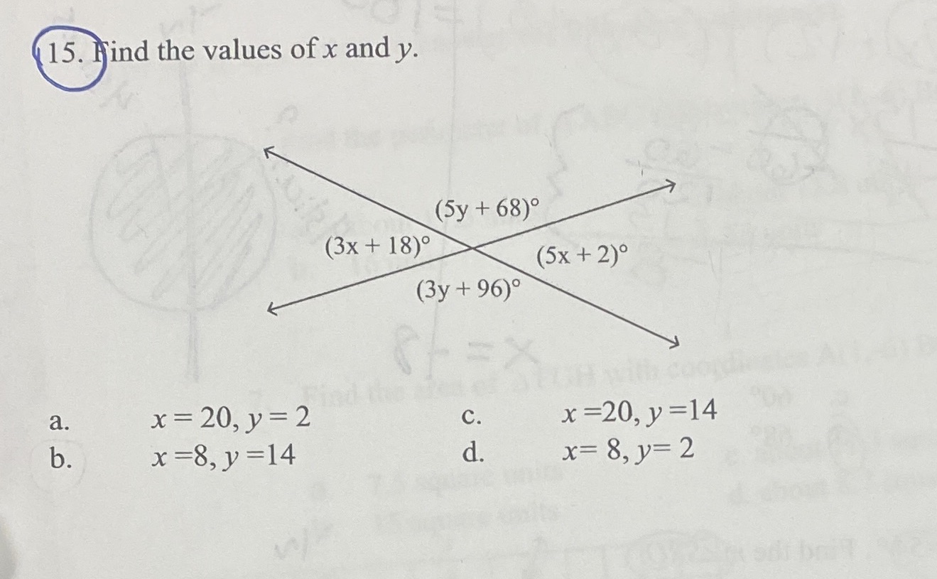 15. Find the values of x and y. (5y + 68) (3x +