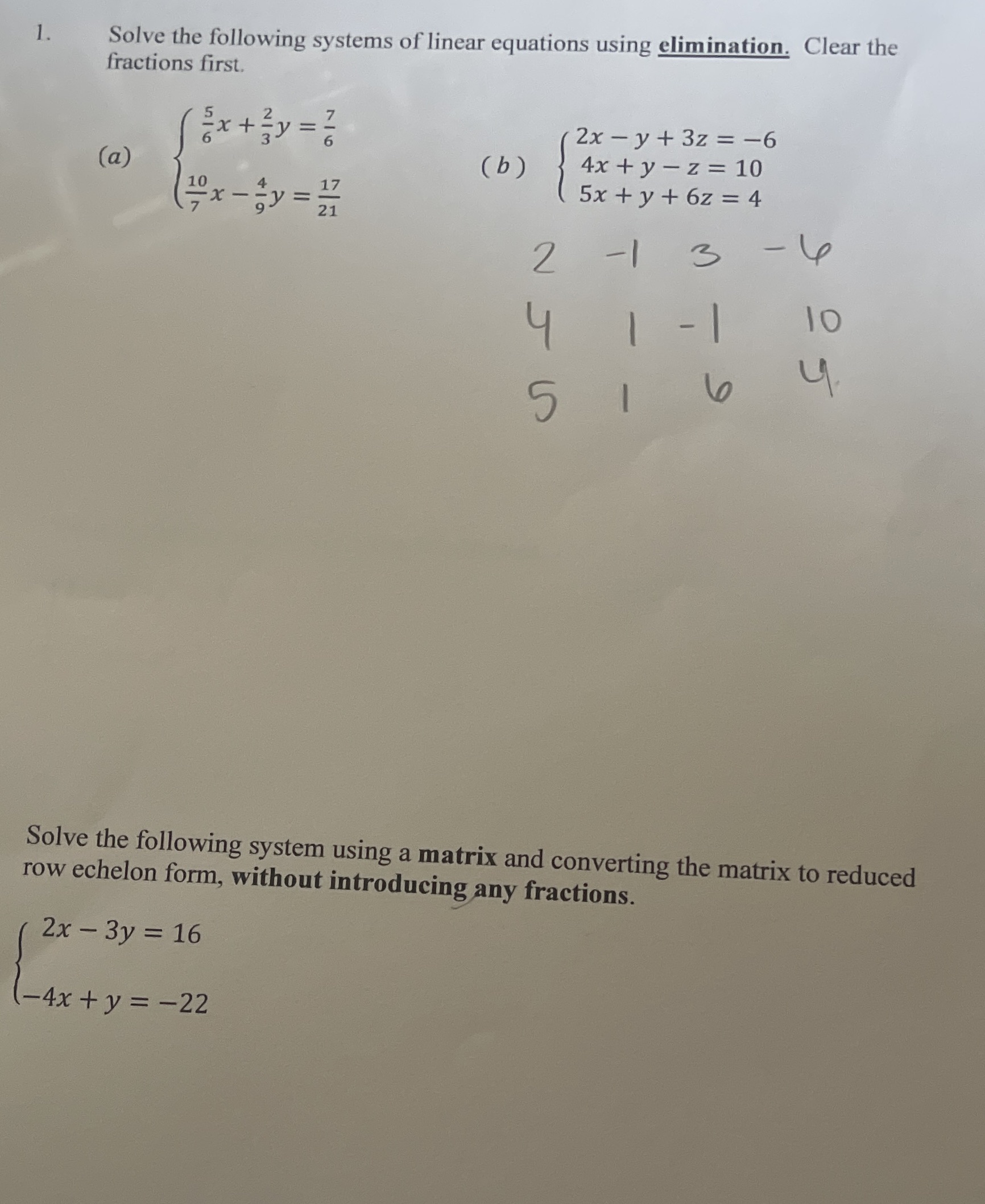 1 . Solve the following systems of linear