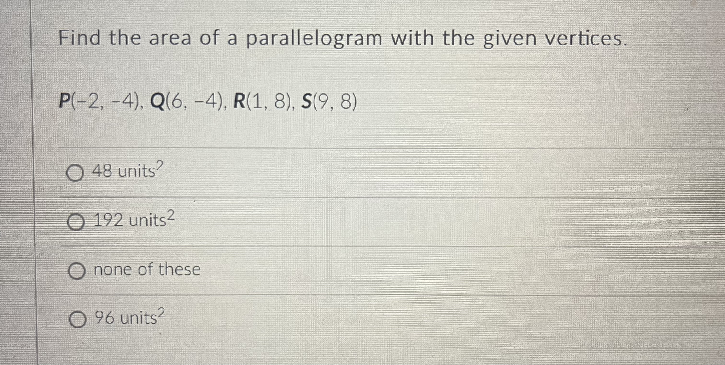 Need help figuring out area of parallelogram Find