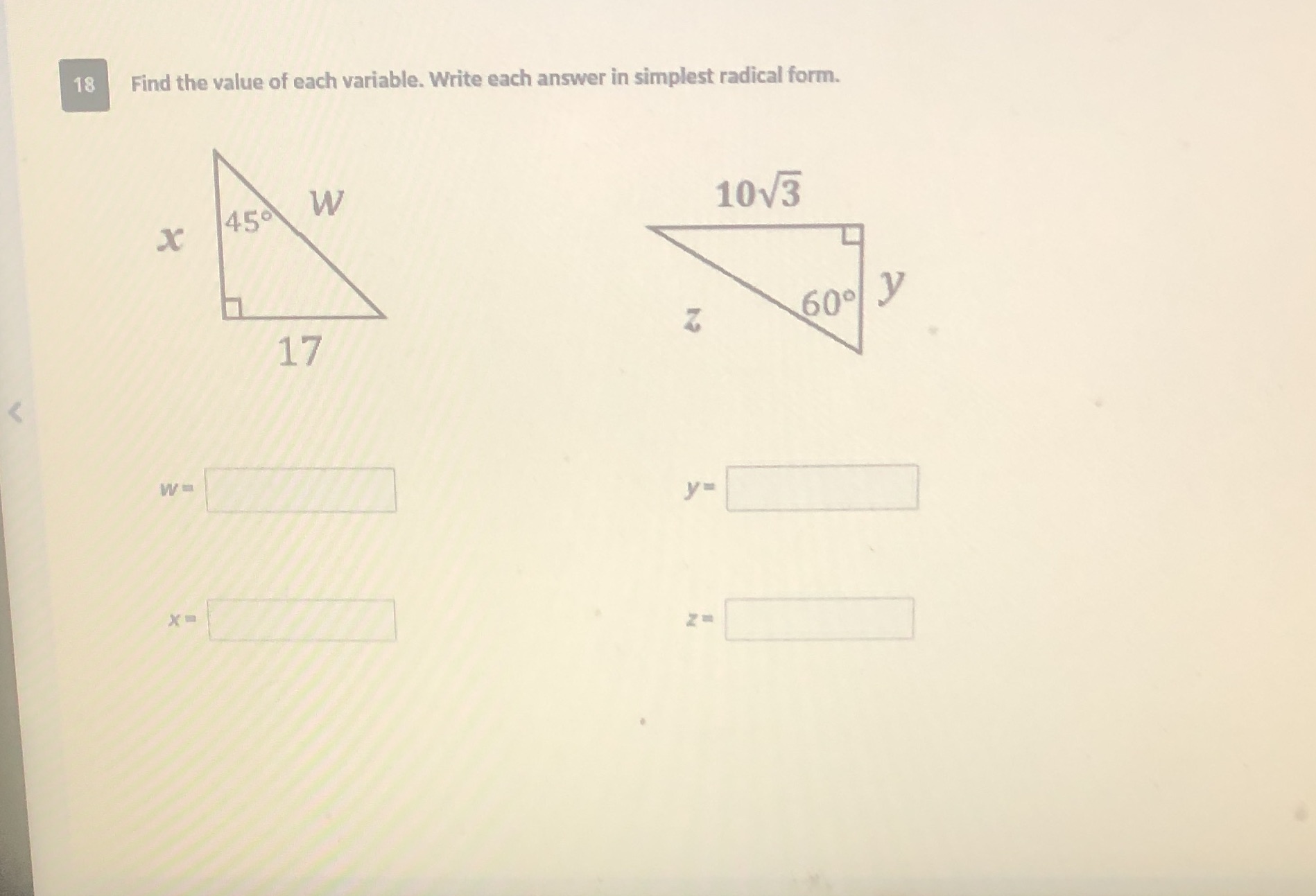 18 Find the value of each variable. Write each
