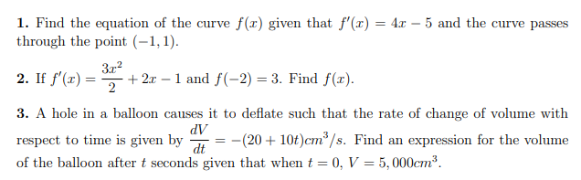 1. Find the equation of the curve f(x) given that
