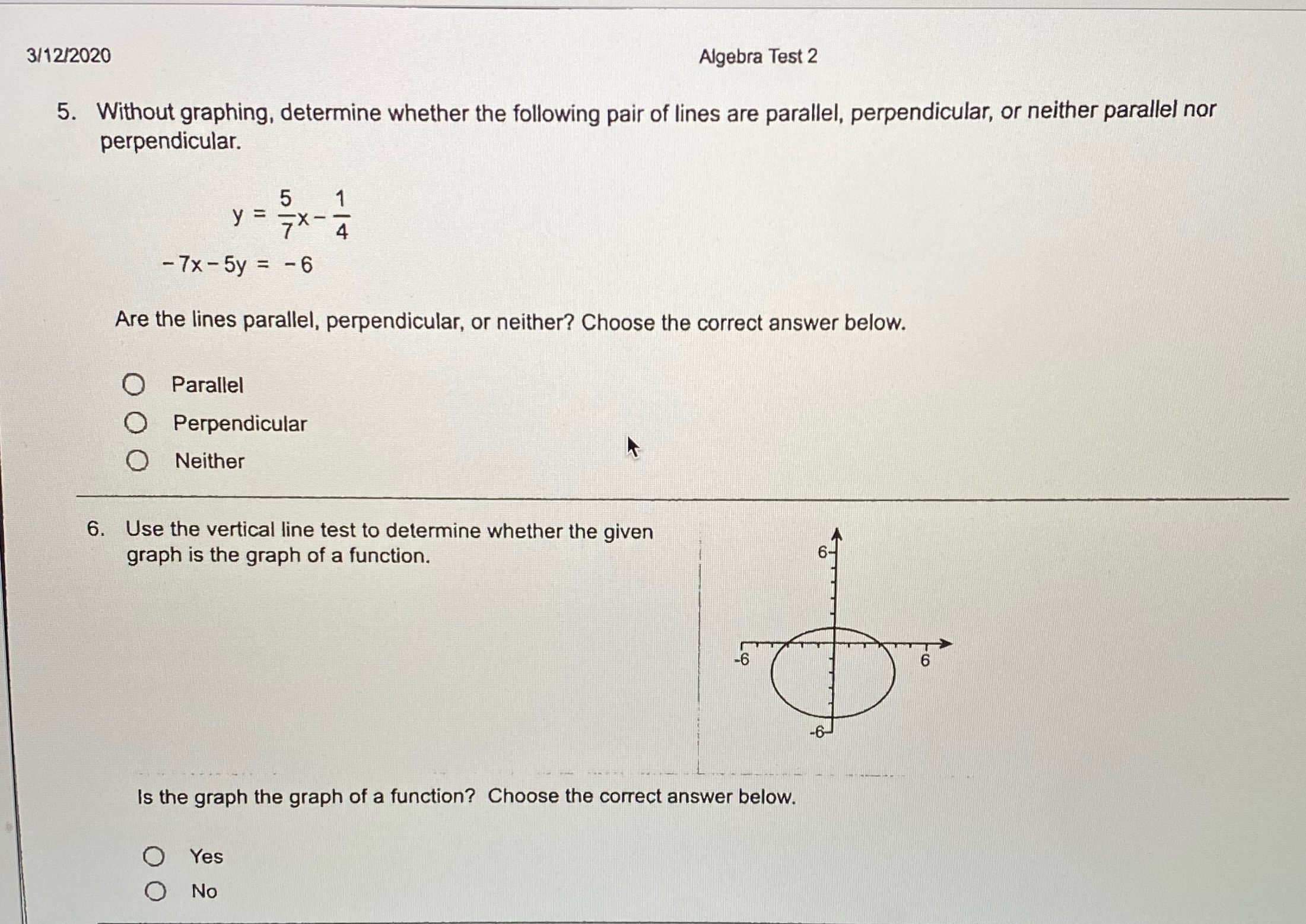 3/12/2020 Algebra Test 2 5. Without graphing,