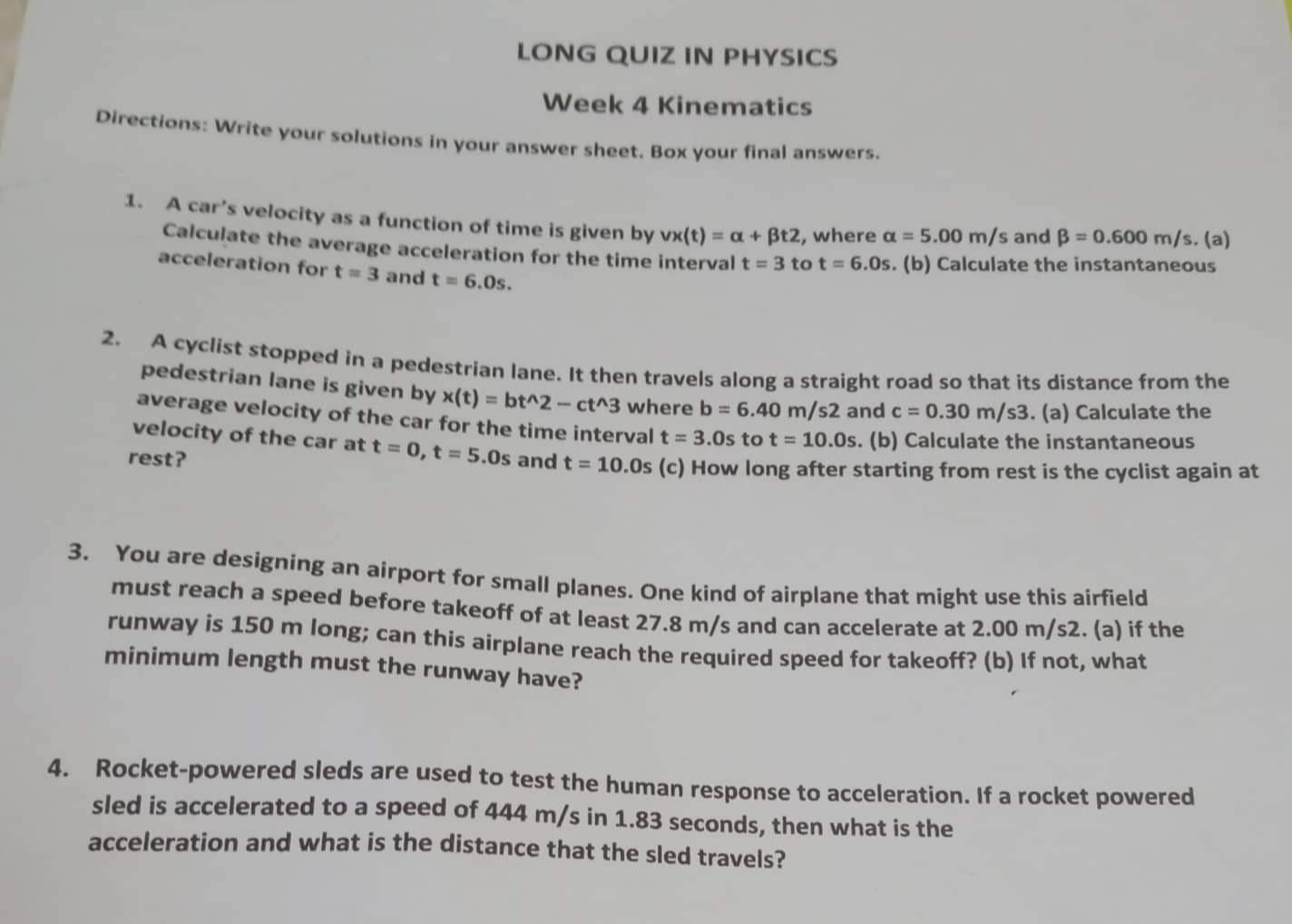 LONG QUIZ IN PHYSICS Week 4 Kinematics