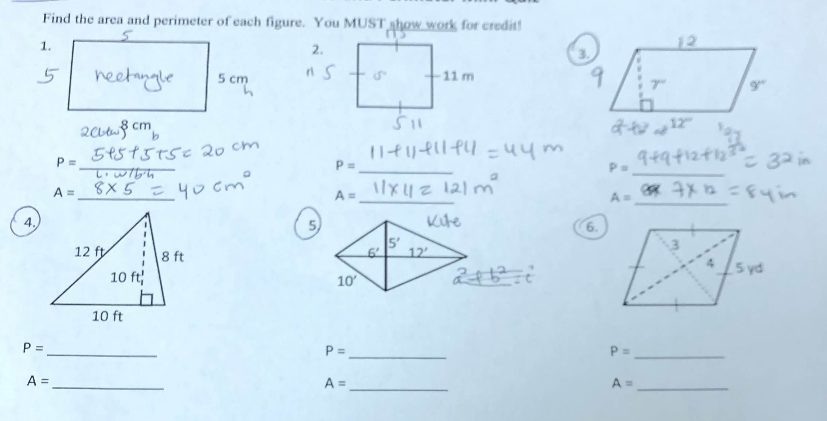 Find the area and perimeter of each figure. You