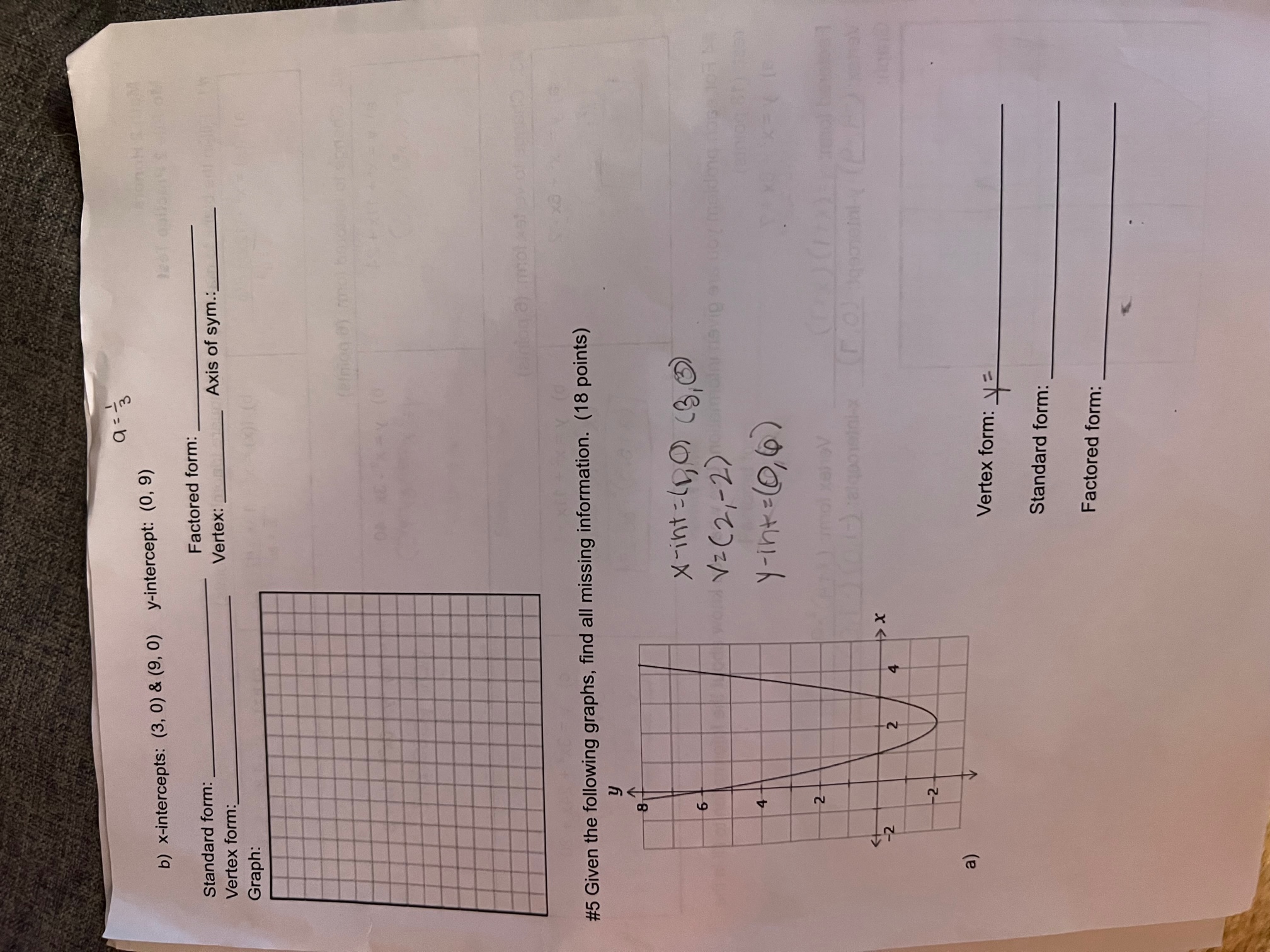 b) x-intercepts: (3, 0) & (9, 0) y-intercept: (0,