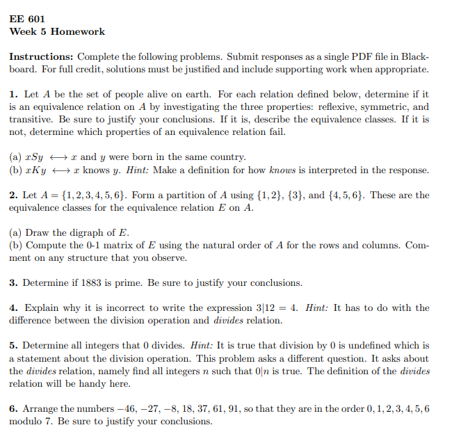 EE 601 Week 5 Homework Instructions: Complete the
