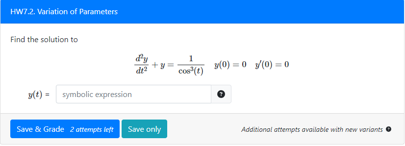 HW7.2. Variation of Parameters Find the solution