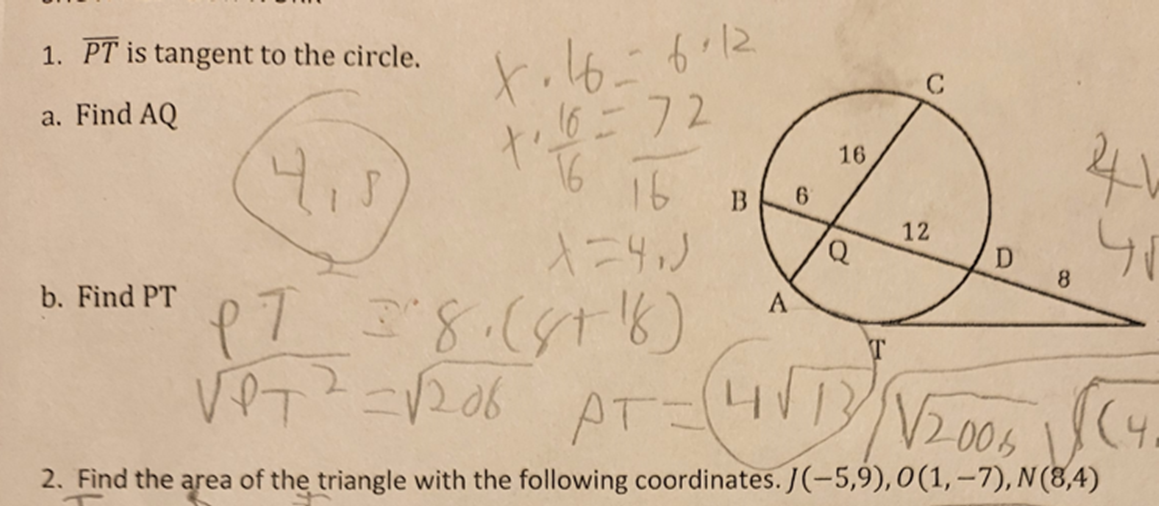 1. PT is tangent to the circle. C a. Find AQ 1 1
