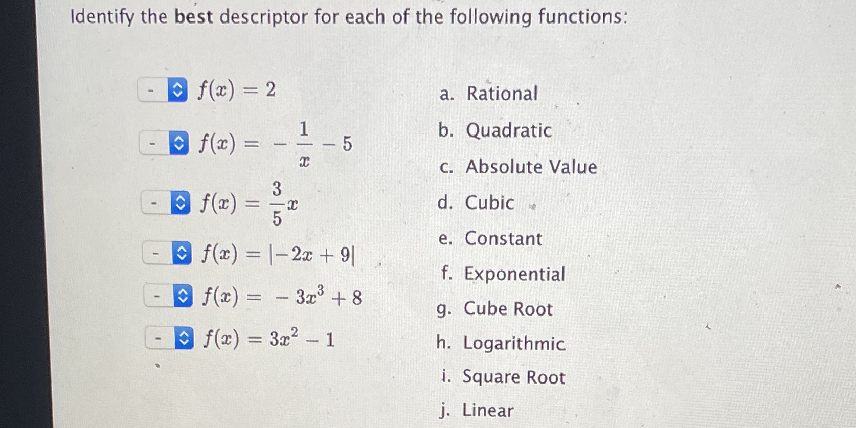 Identify the best descriptor for each of the