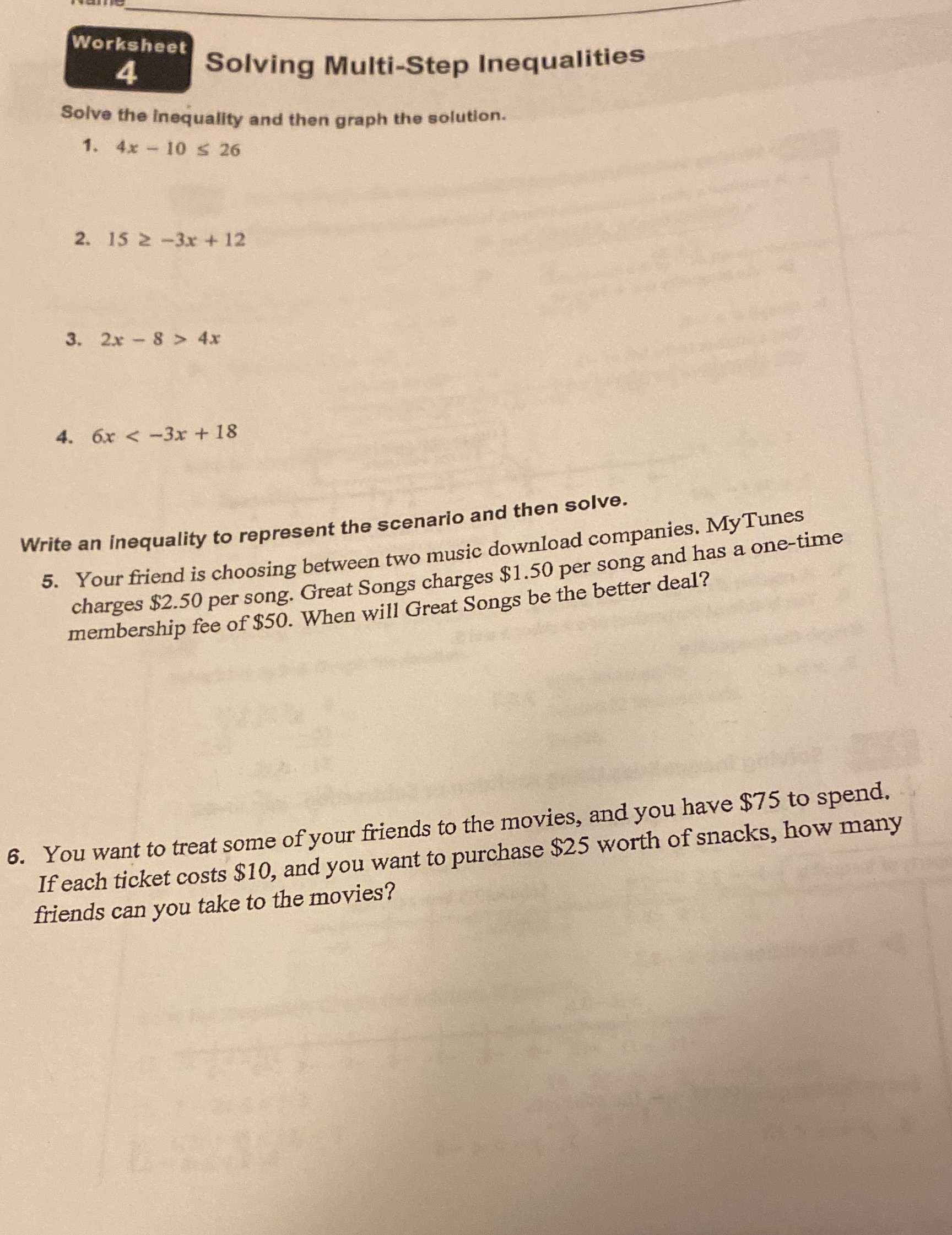 Math Worksheet 4 Solving Multi-Step Inequalities