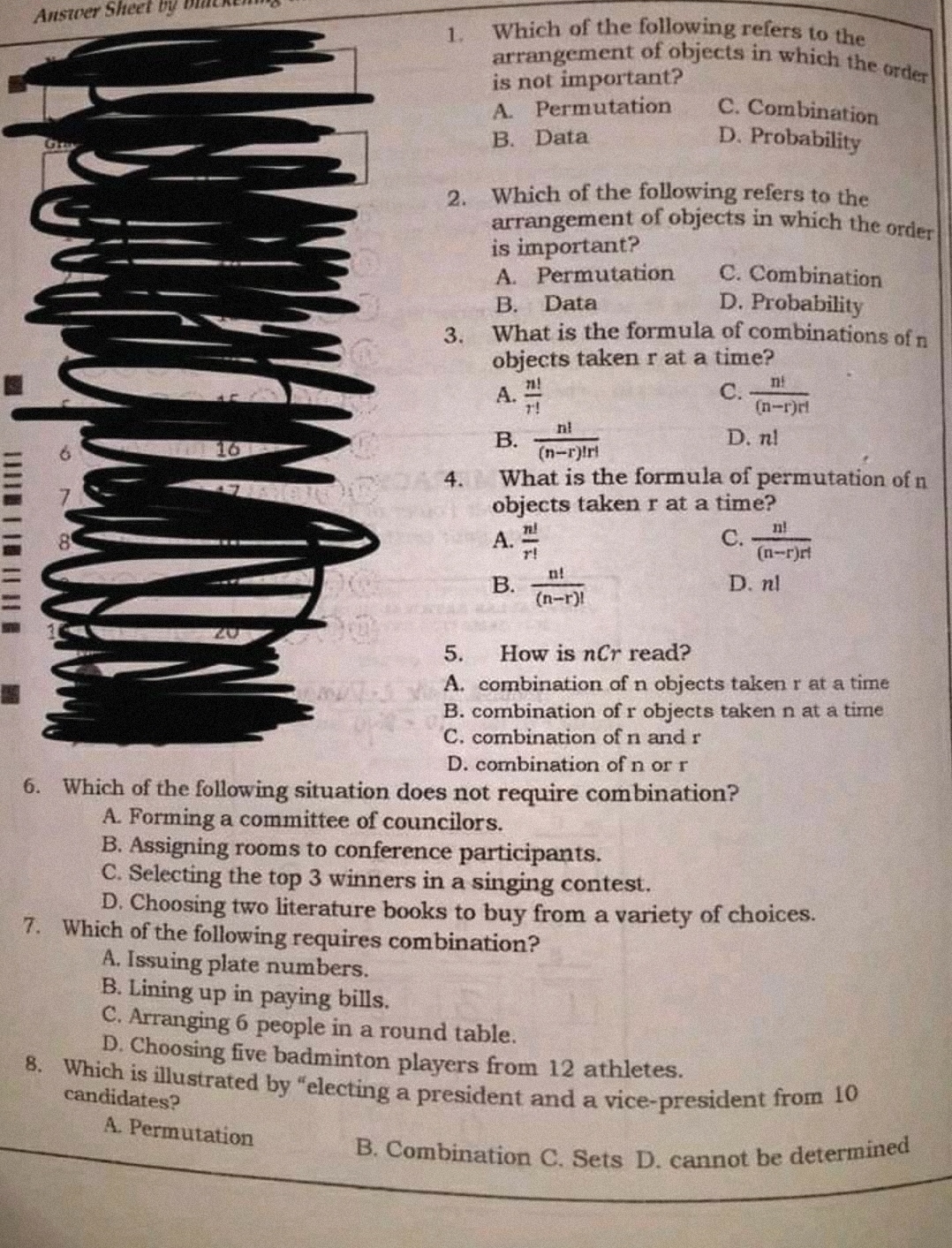 Please answer Answer Sheet by Dia 1. Which of the