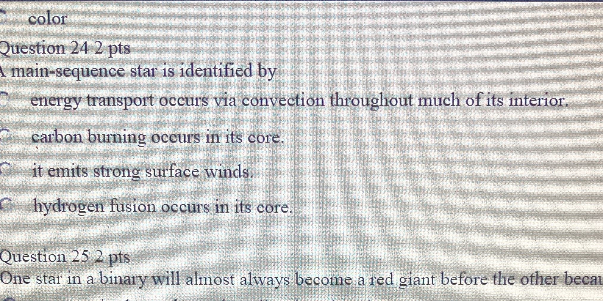 color Question 24 2 pts main-sequence star is