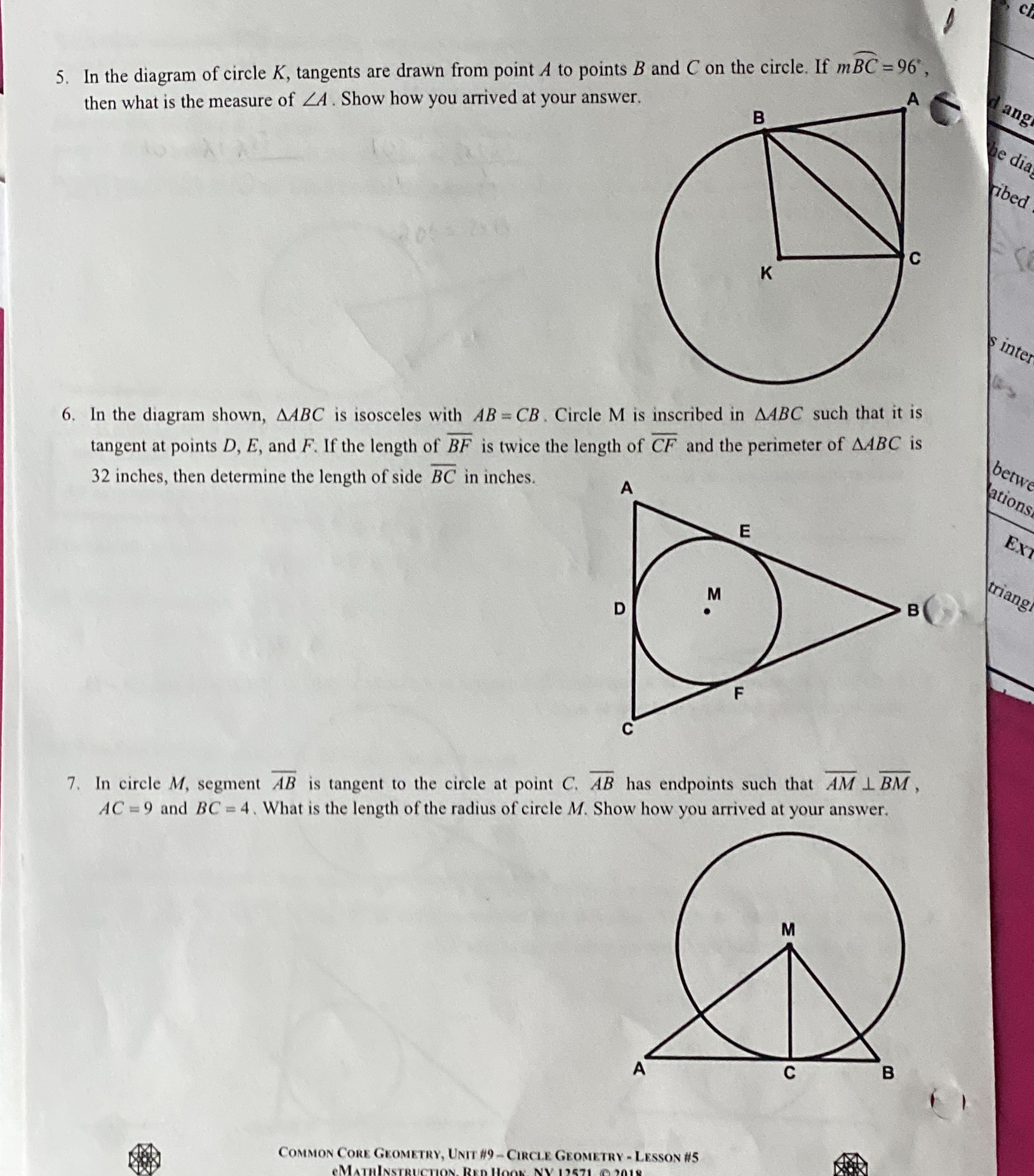 5. In the diagram of circle K, tangents are drawn