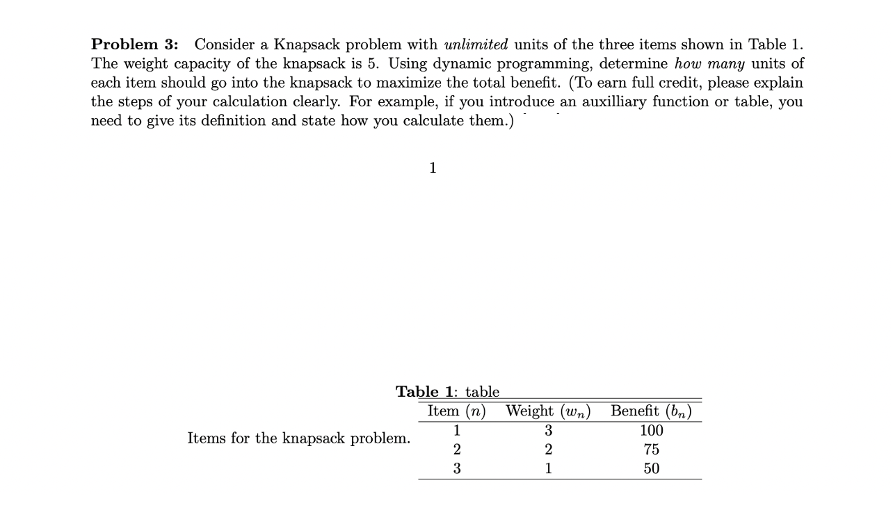 Problem 3: Consider a Knapsack problem with