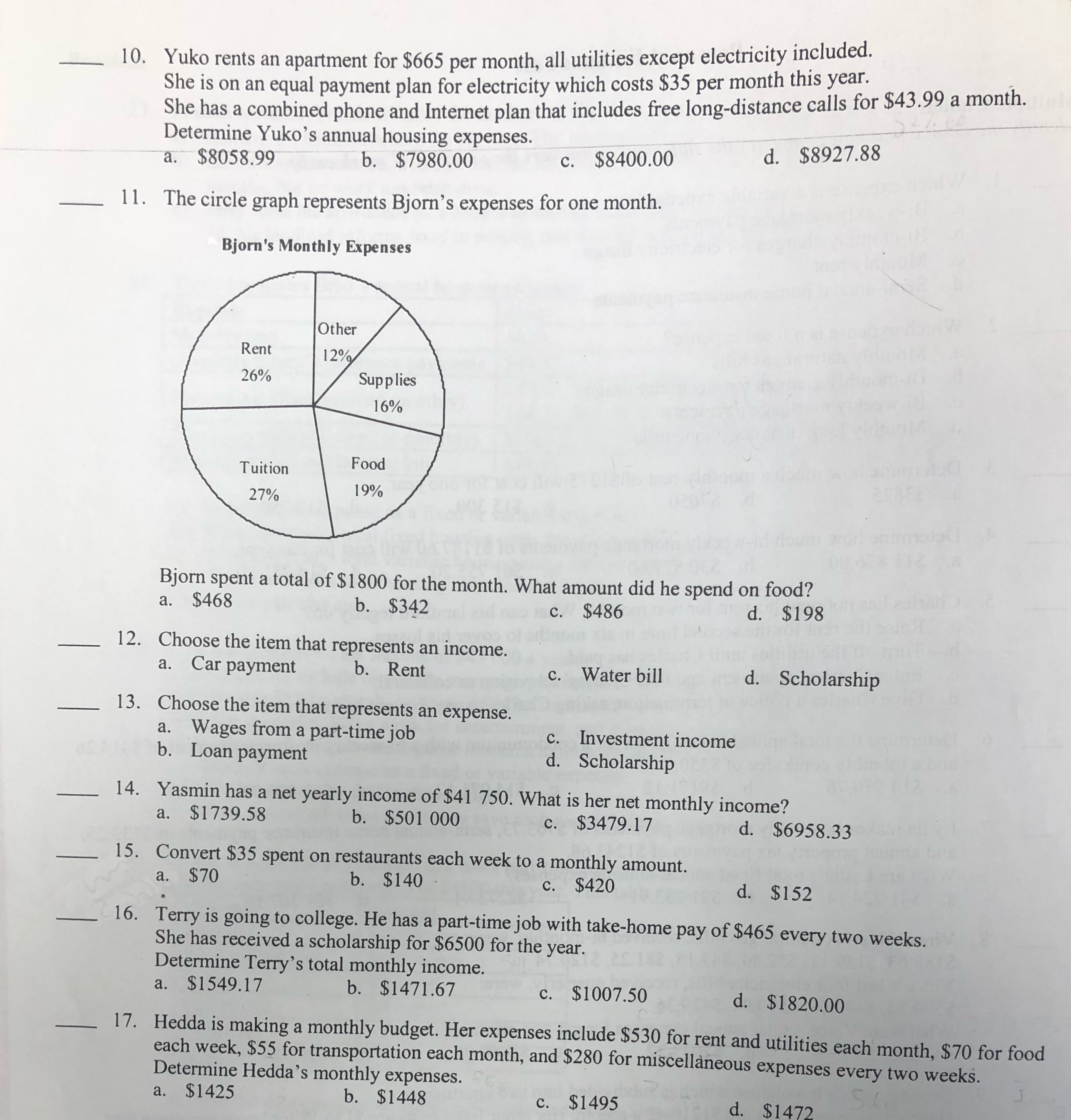 Need help Multiple choice 10. Yuko rents an