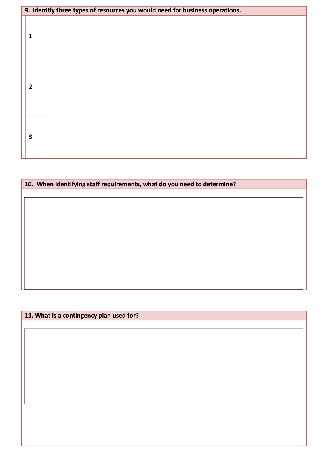 9. Identify three types of resources you would