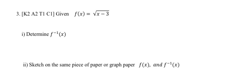 3. [K2 A2 T1 Cl] Given f(x) = Vx -3 i) Determine