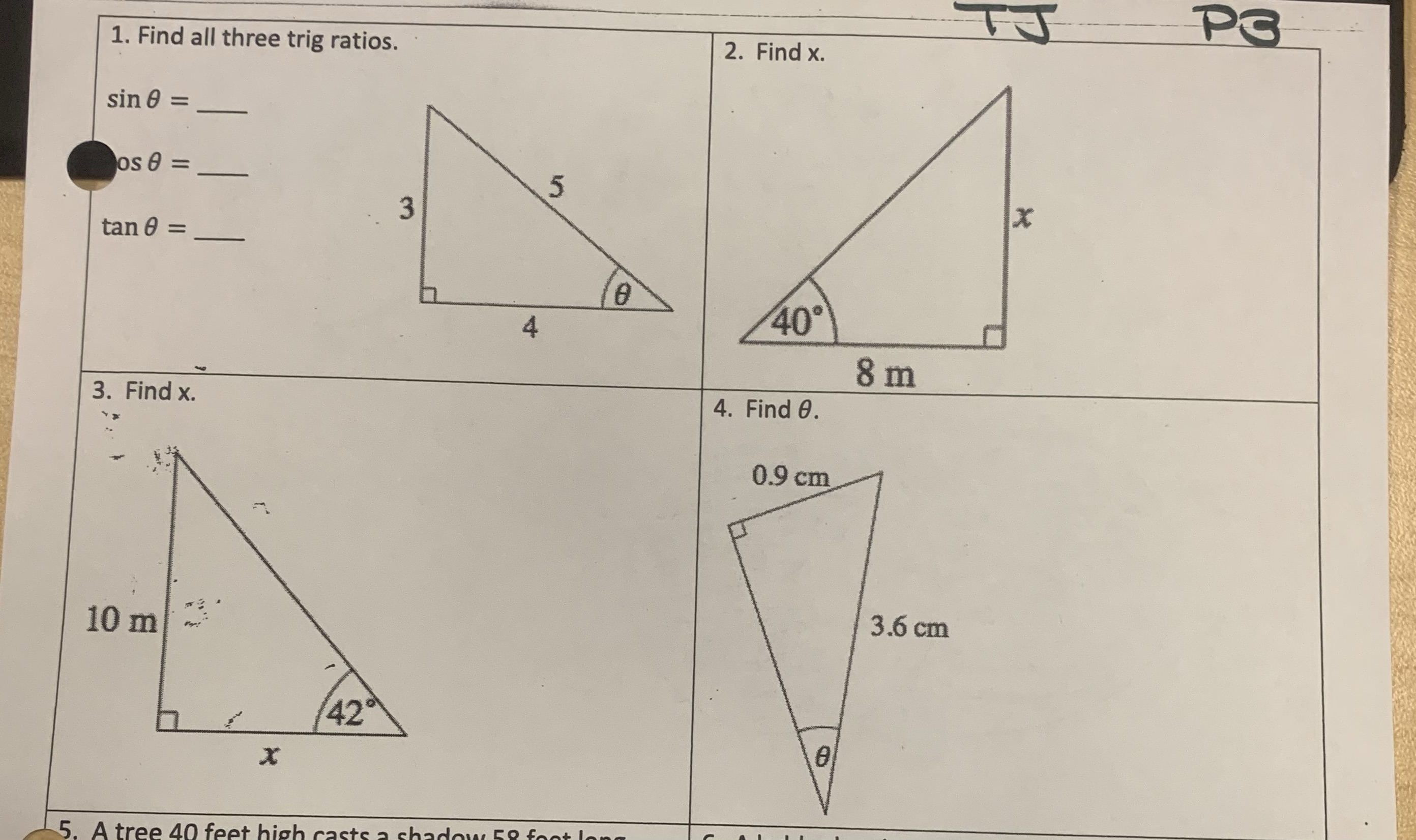 P3 1. Find all three trig ratios. 2. Find x. sin