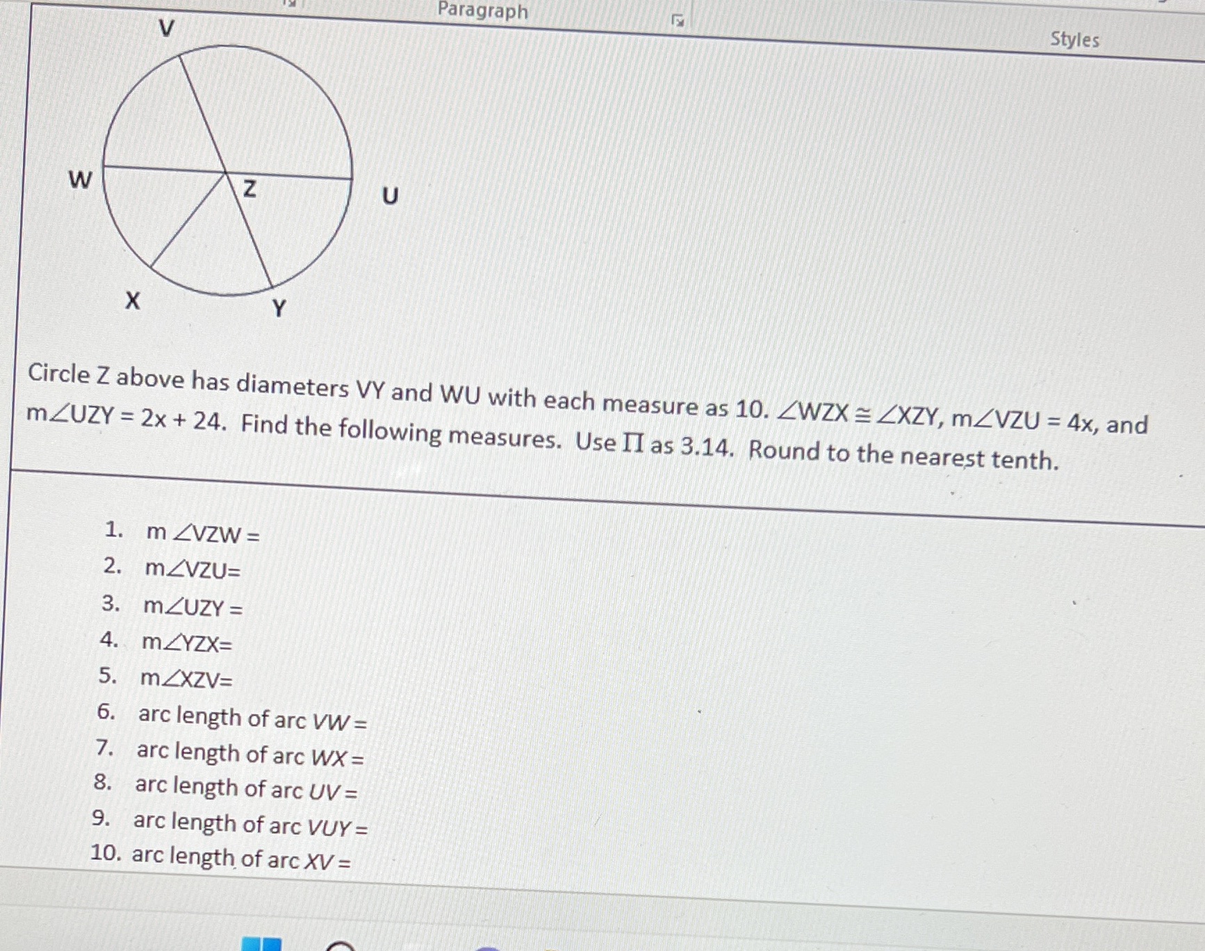 Paragraph Styles V W Z U X Y Circle Z above has