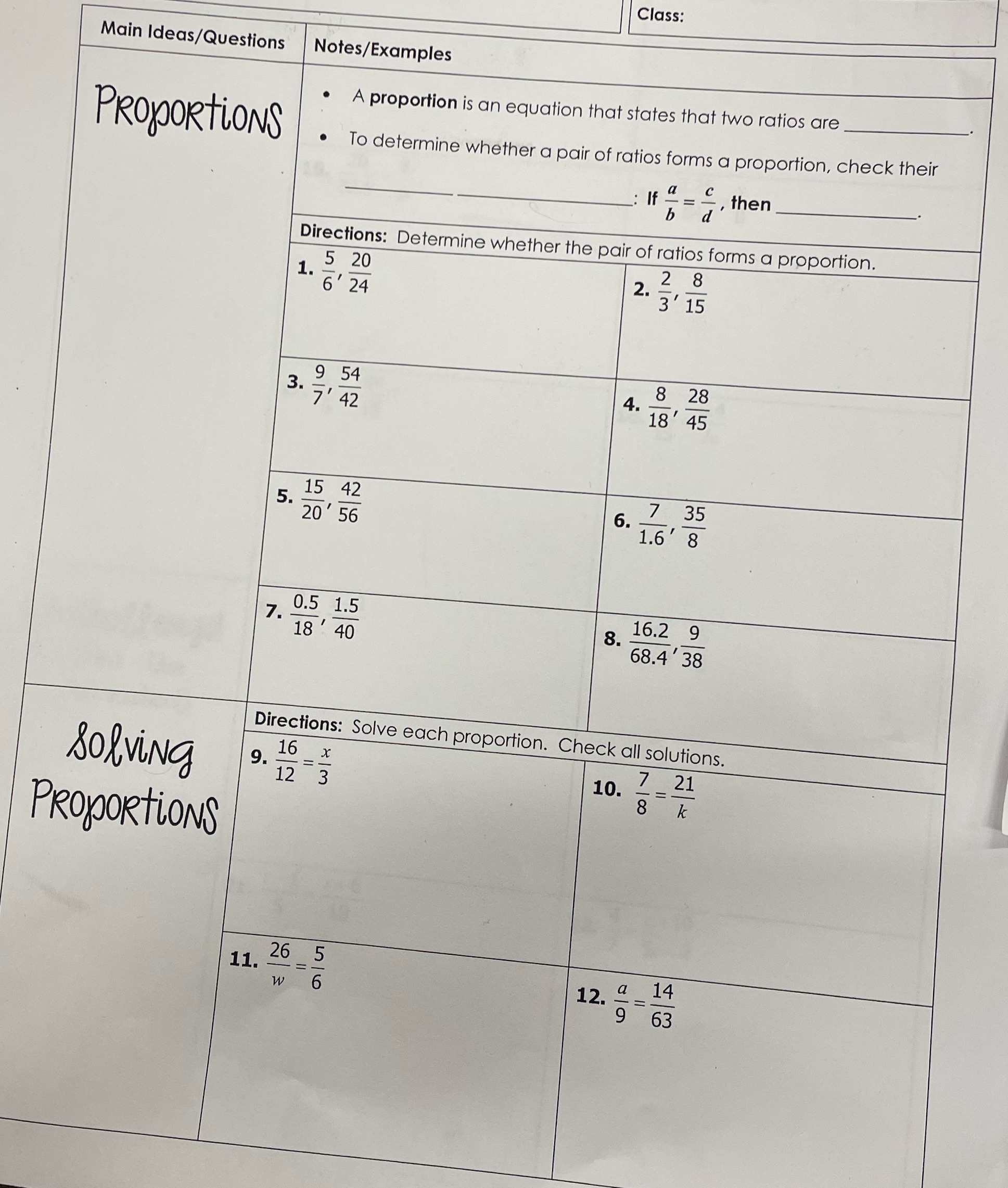 Class: Main Ideas/Questions Notes/Examples A