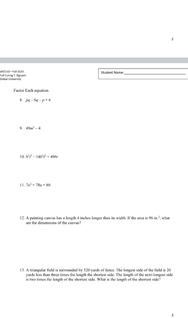 2 MAT110- Fall 2020 Student Name: rof Cuong T.