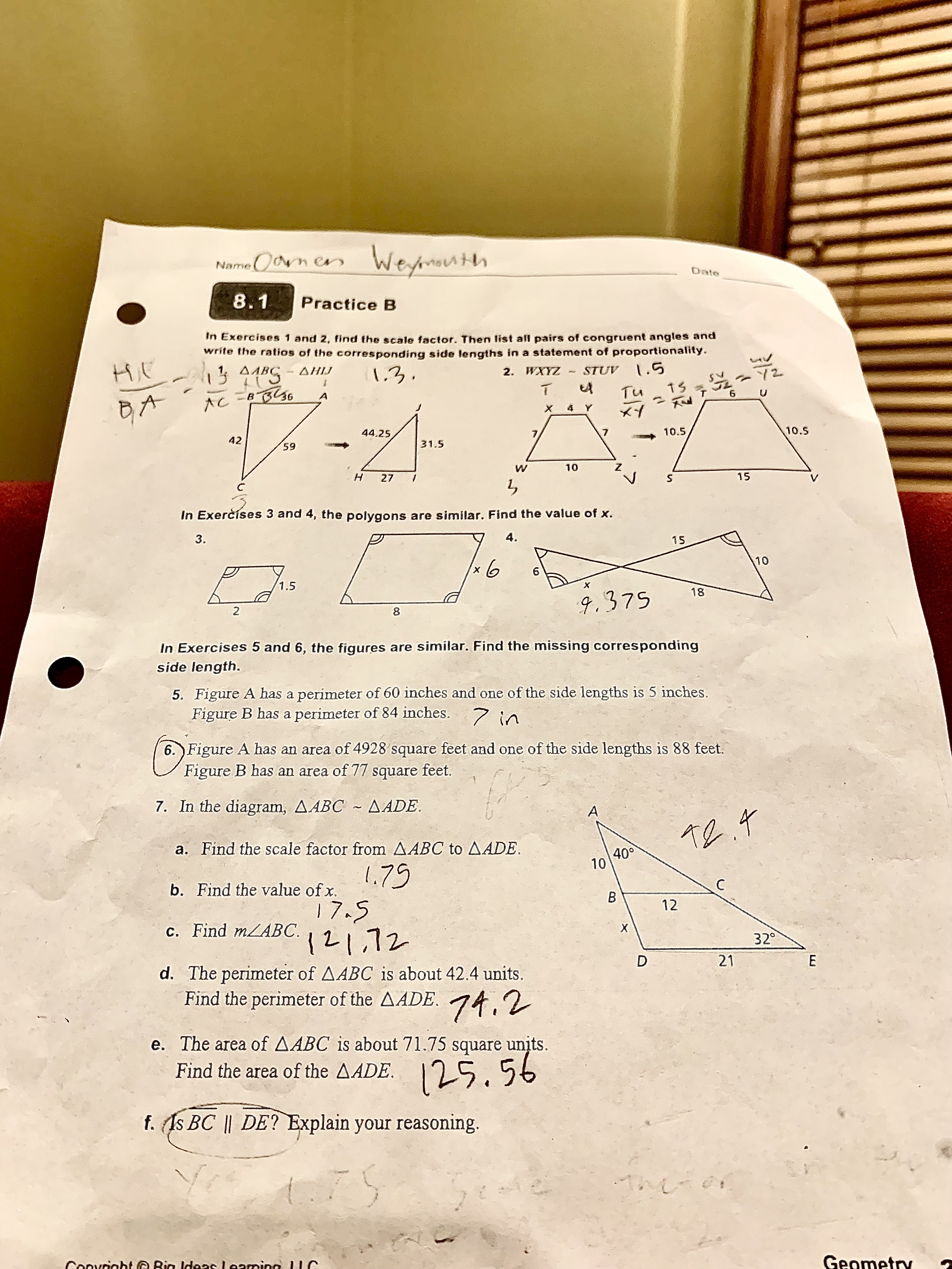 In Exercises 5 and 6, the figures are similar.