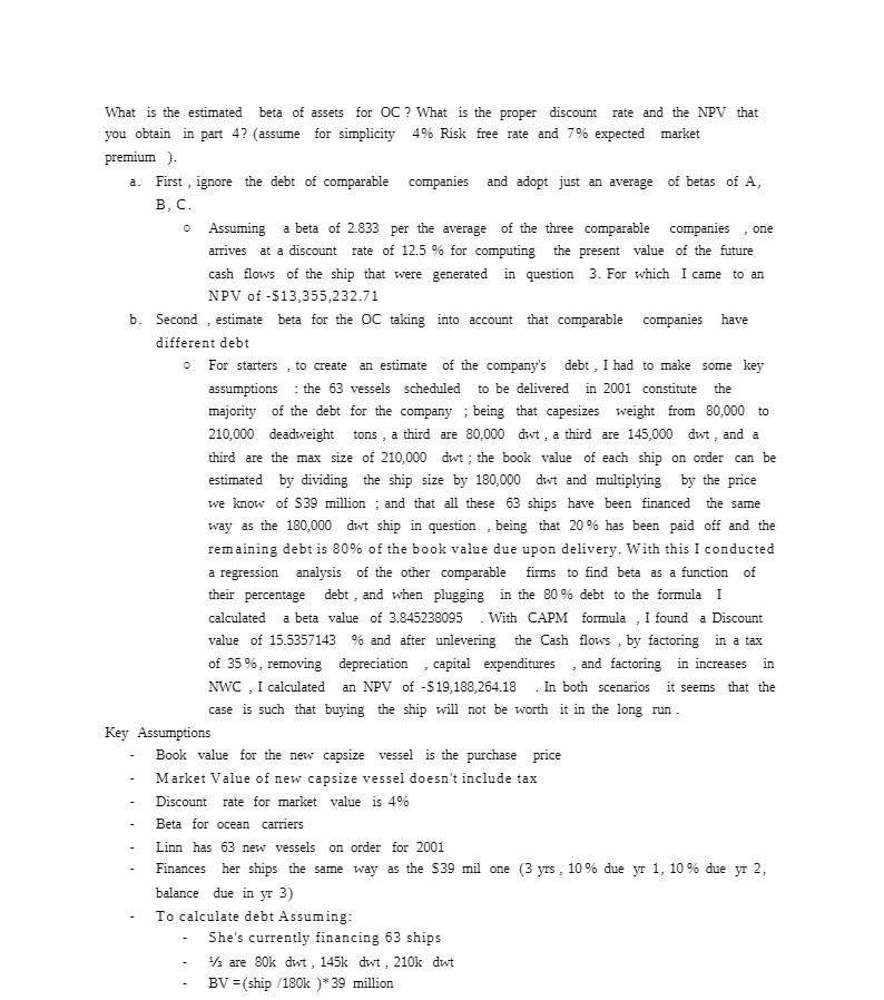 What is the estimated beta of assets for OC ?