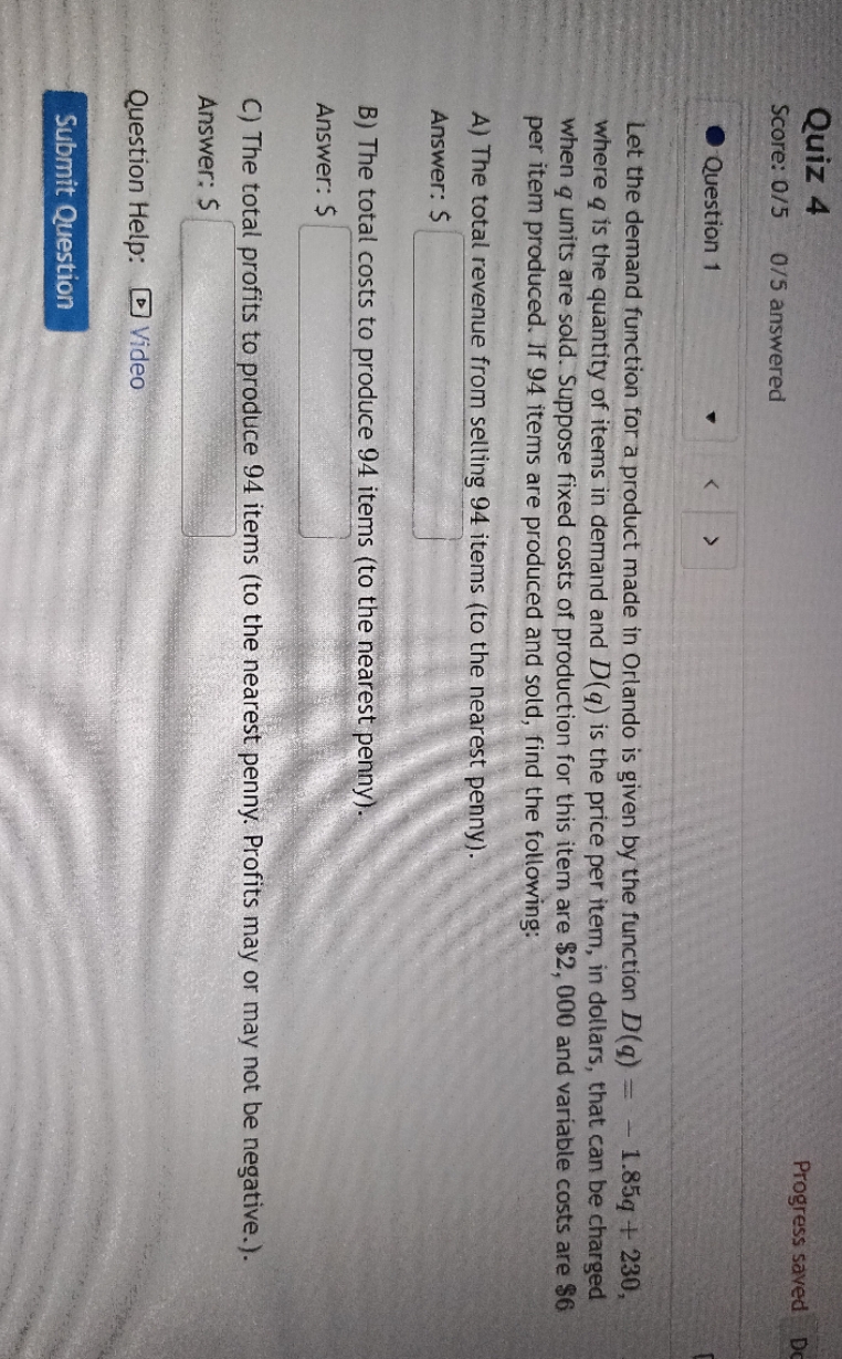 Quiz 4 Progress saved D Score: 0/5 075 answered