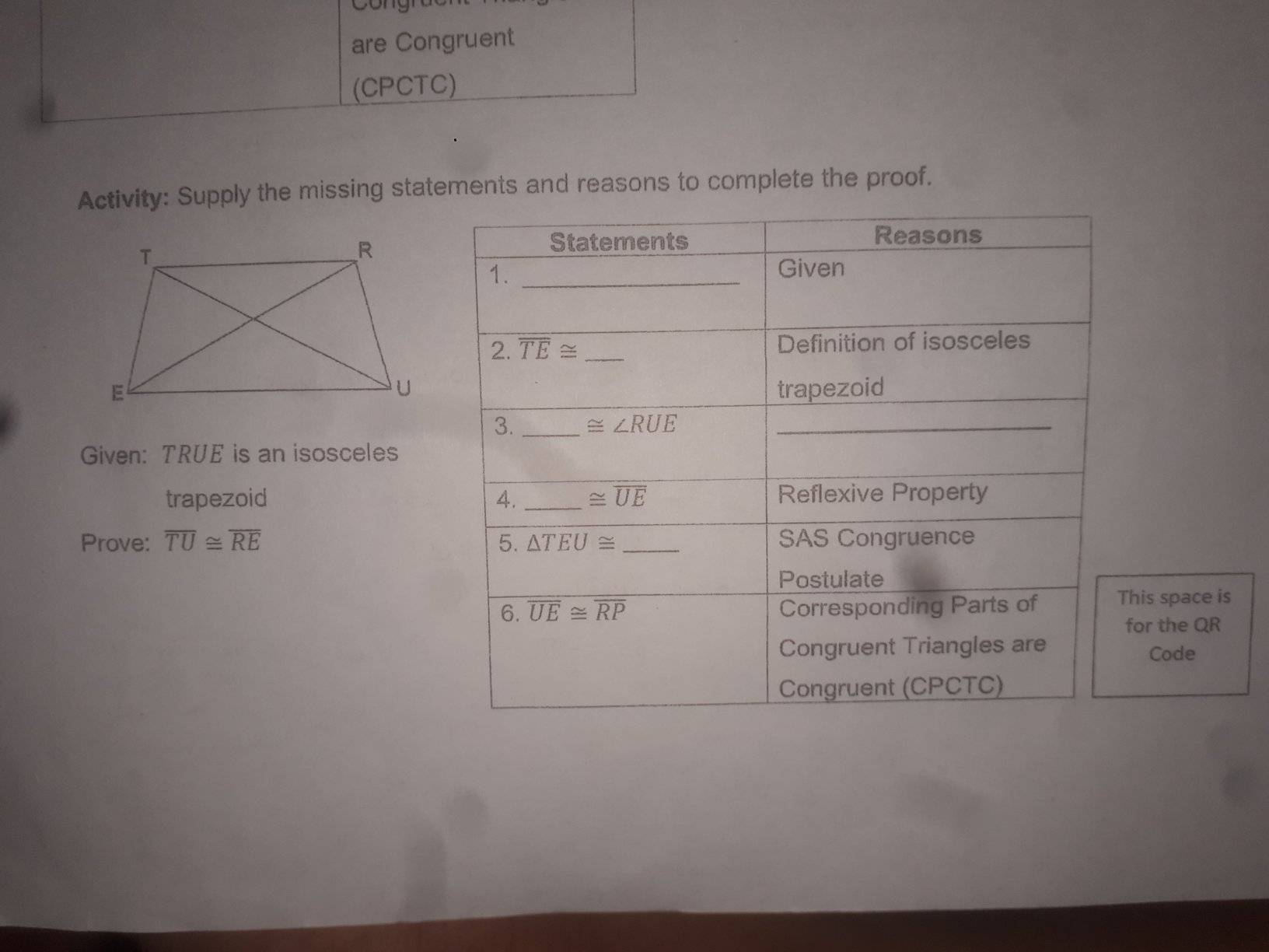 are Congruent (CPCTC) Activity: Supply the