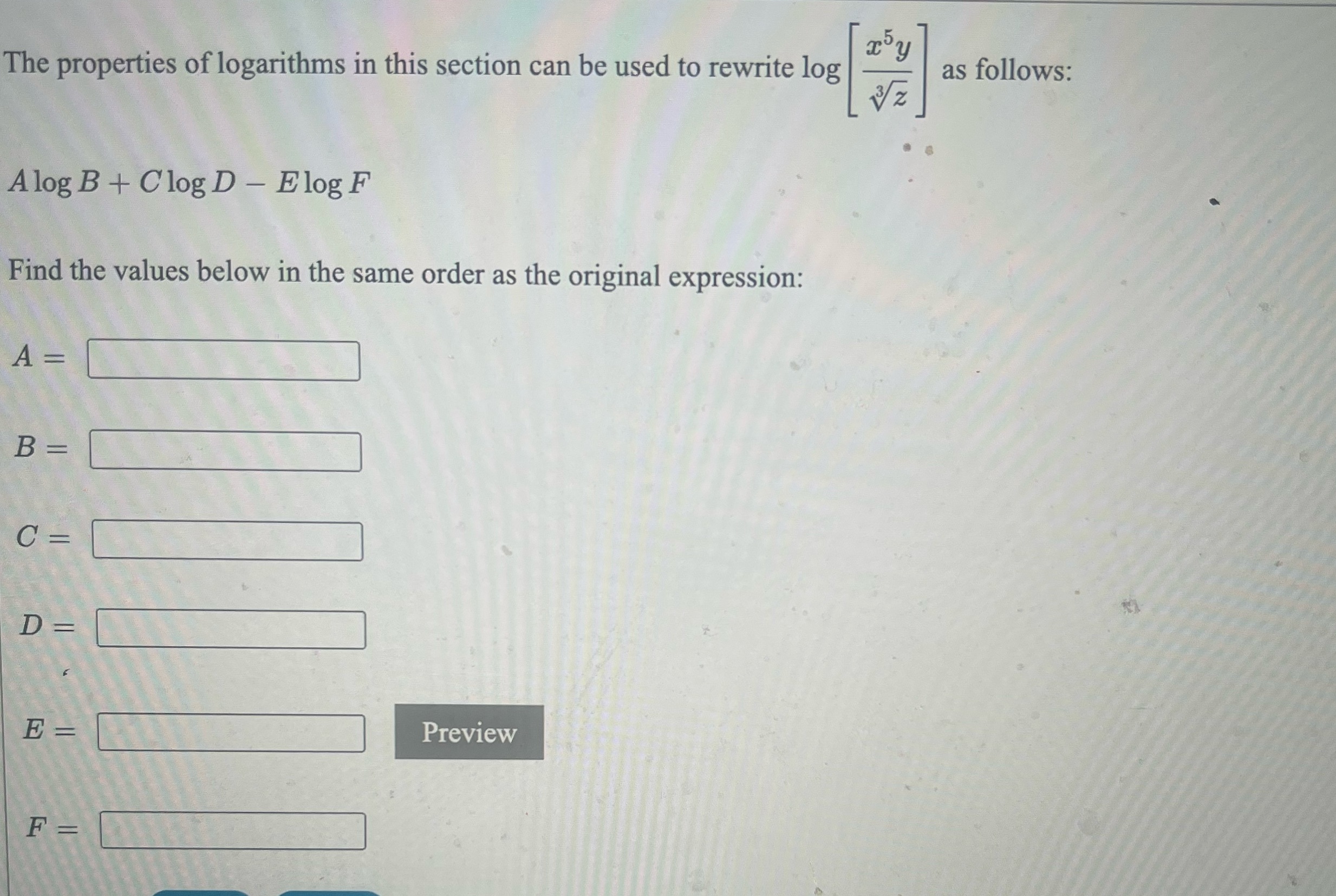 Help Pleae The properties of logarithms in this