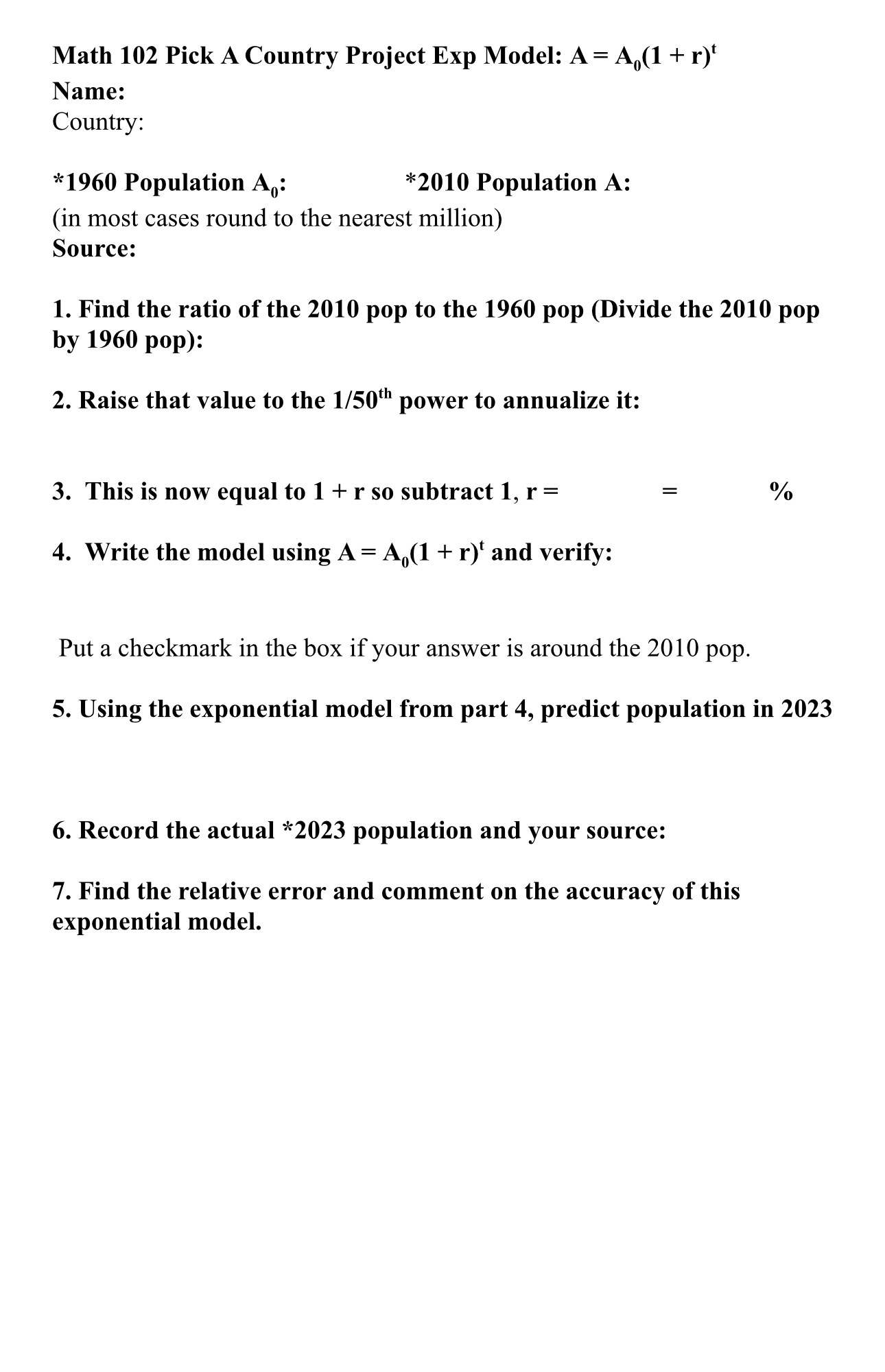 Math 102 Pick A Country Project Exp Model: A =