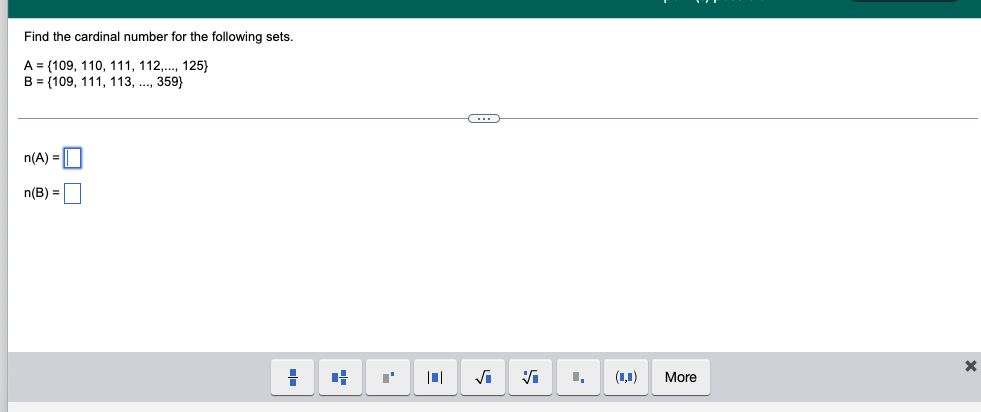 Find the cardinal number for the following sets.