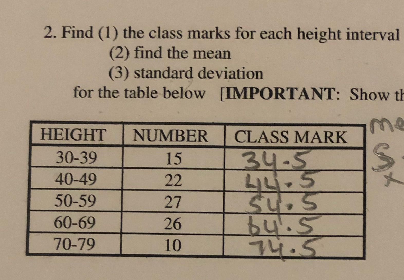 2. Find (1) the class marks for each height