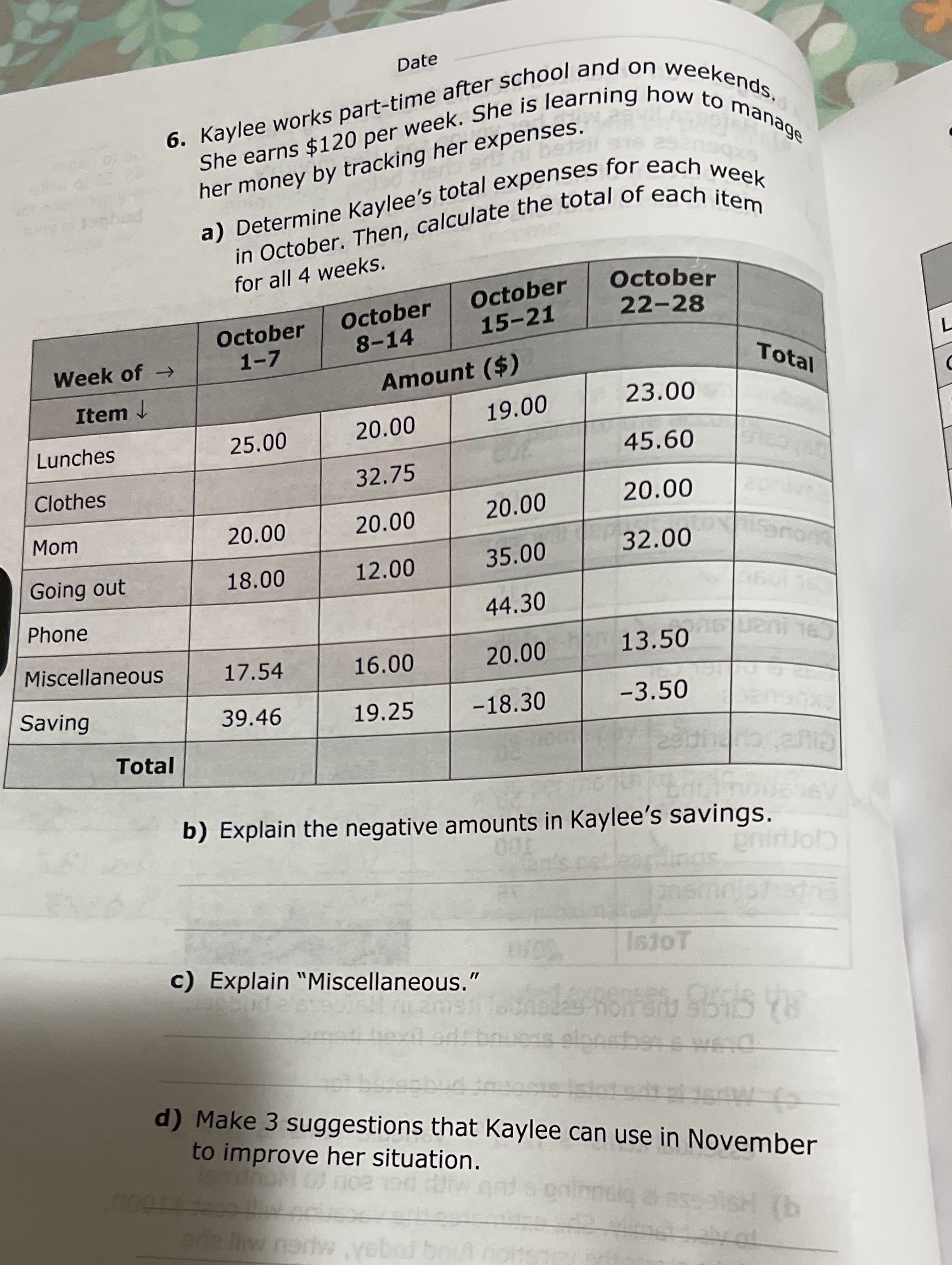 Date o. Kaylee works part-time after school and