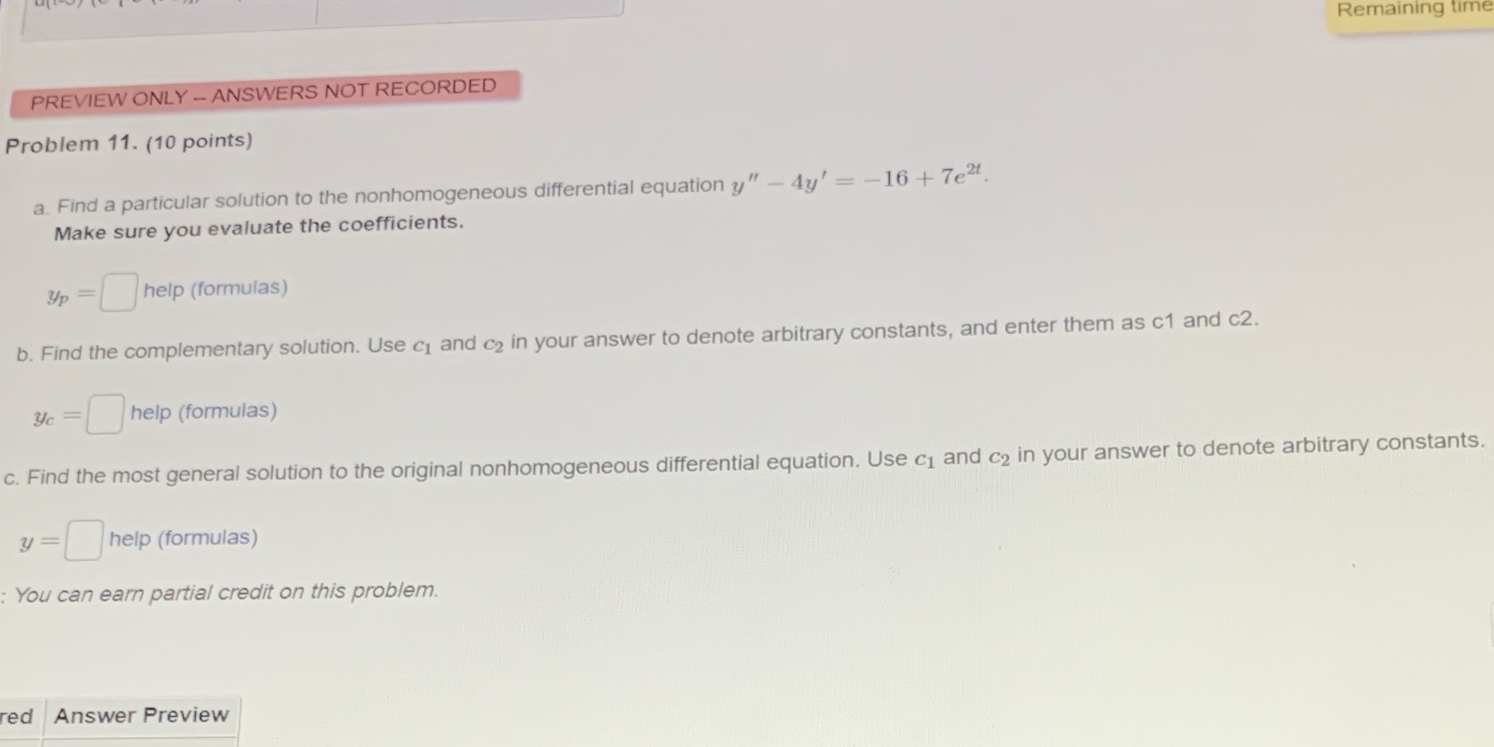 Remaining time PREVIEW ONLY - ANSWERS NOT