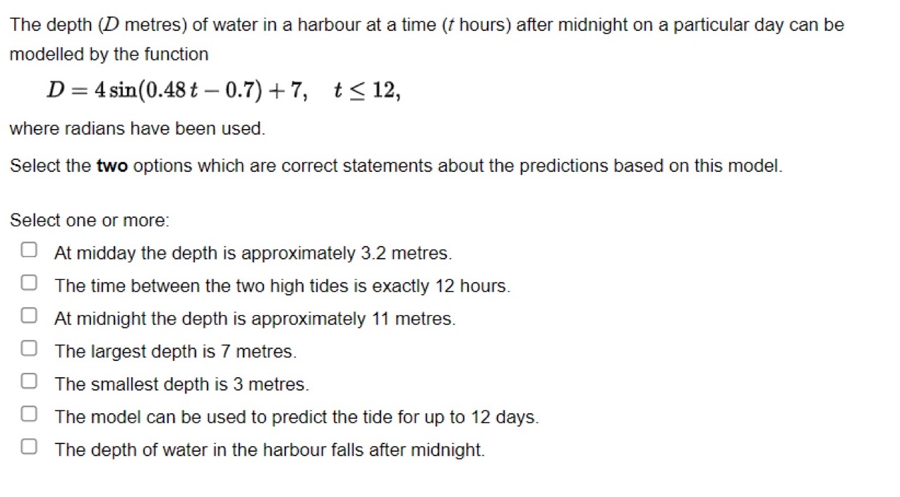 The depth (D metres) of water in a harbour at a