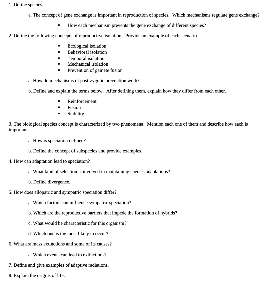 1. Define species. a. The concept of gene