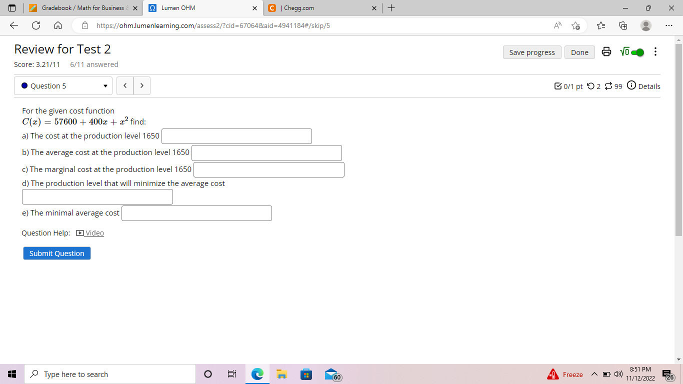 Gradebook / Math for Business & X Q Lumen OHM X C