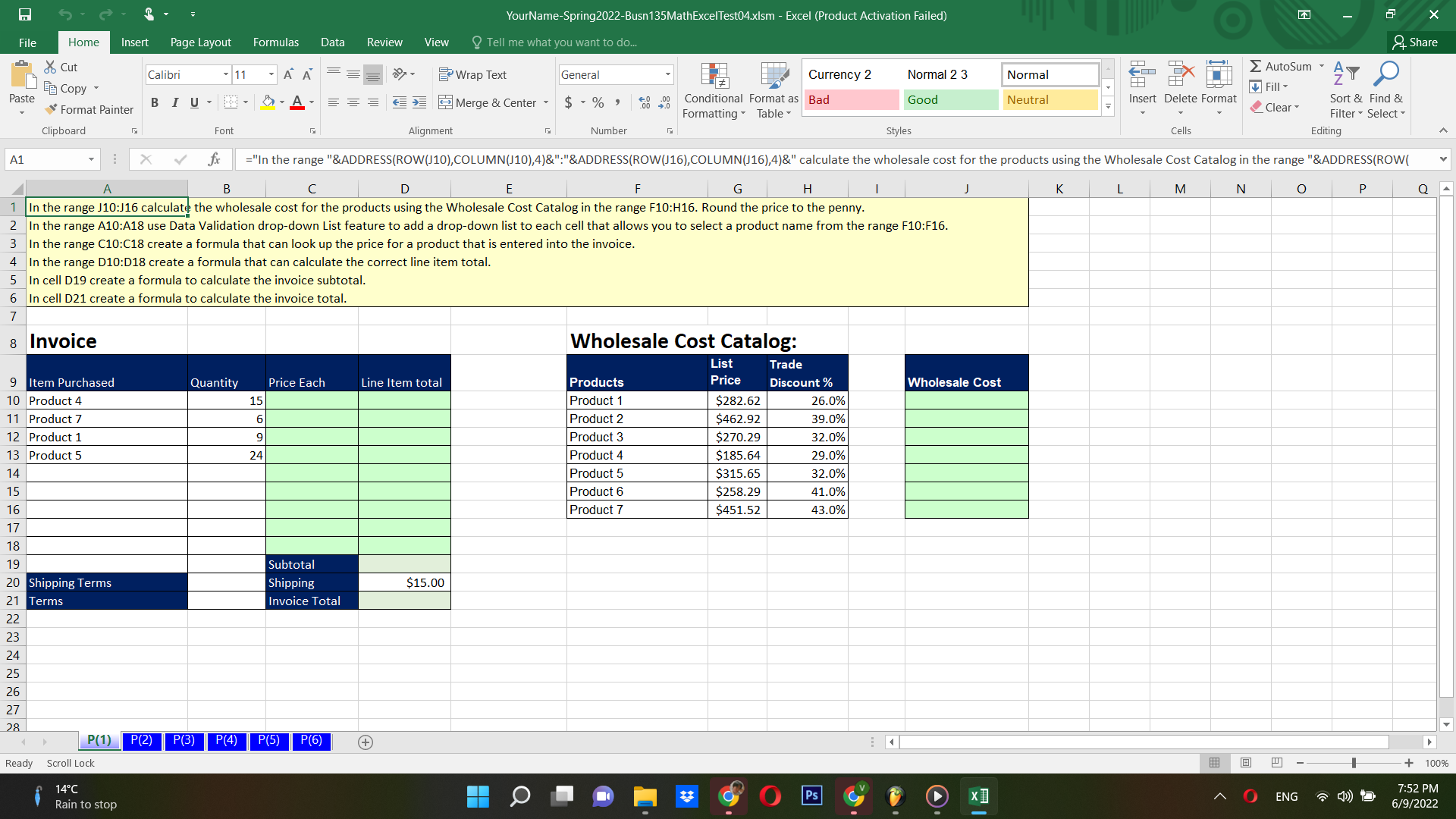 YourName-Spring2022-Busn 135MathExcelTest04.xism