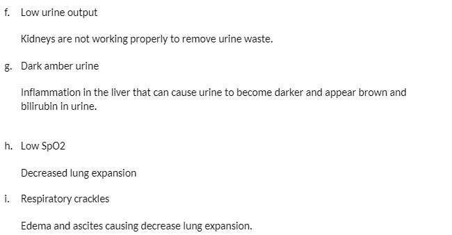 f. Low urine output Kidneys are not working