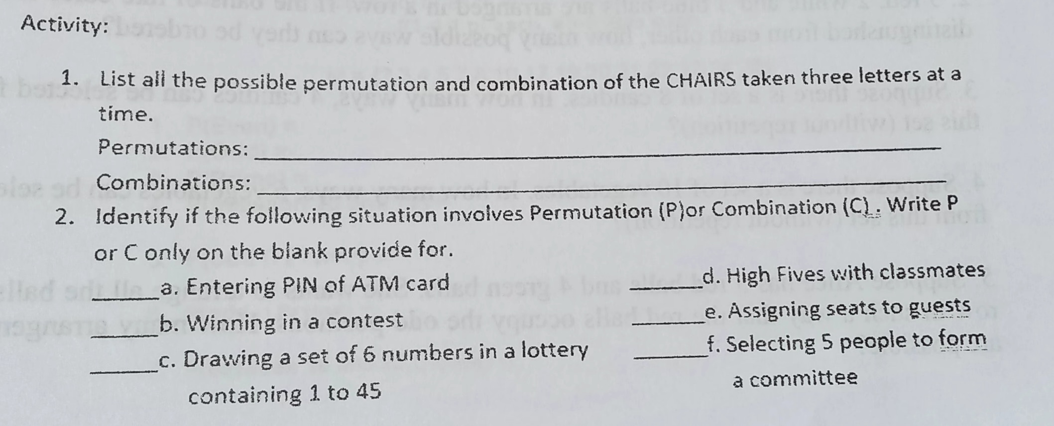 Activity: borsb 1. List all the possible