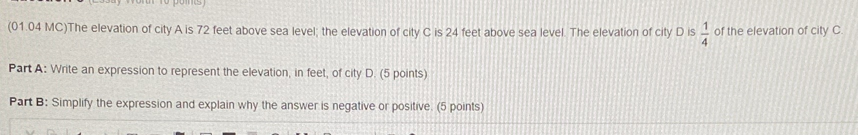 (01:04 MC) The elevation of city A is 72 feet