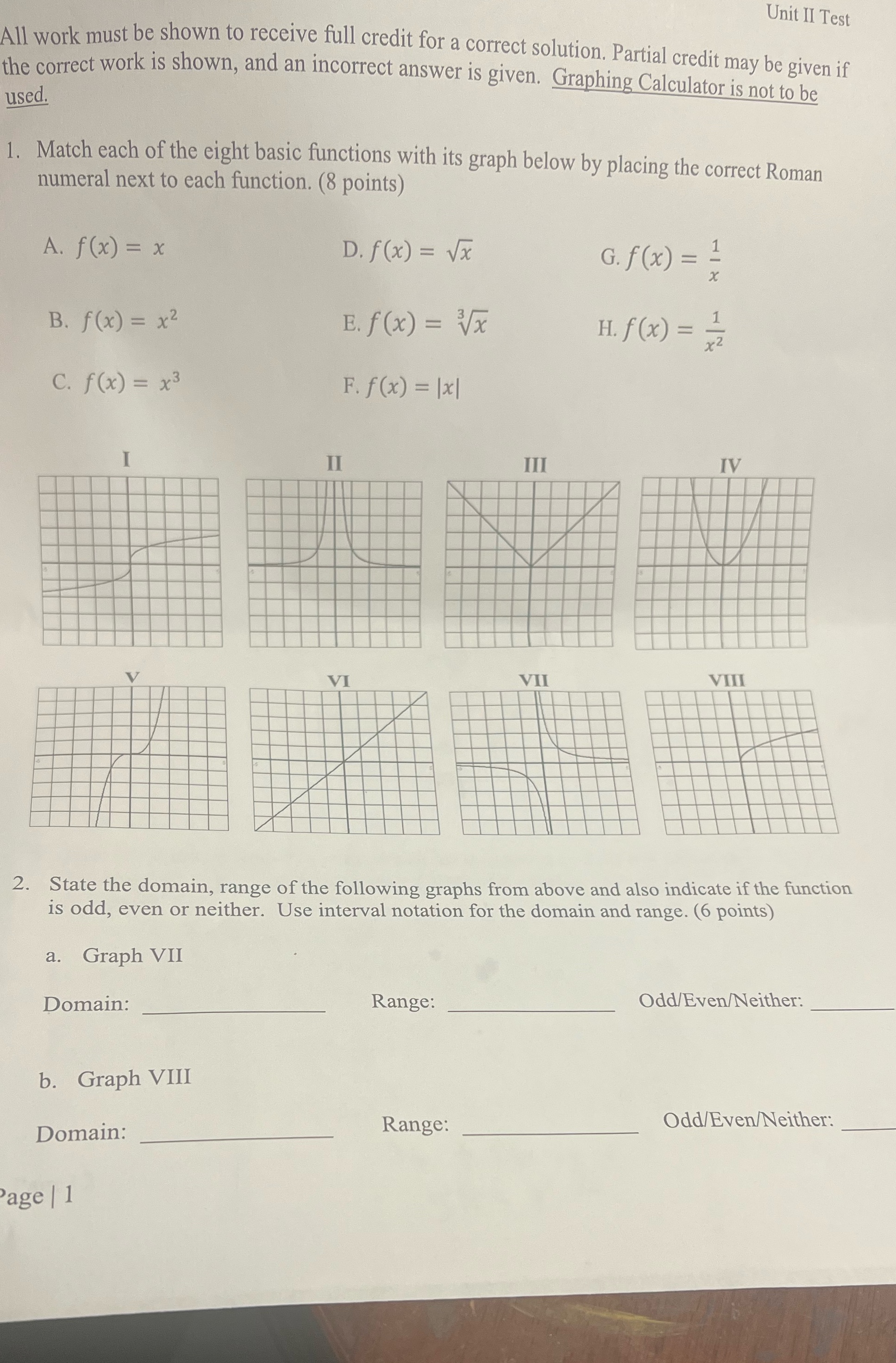Unit II Test All work must be shown to receive